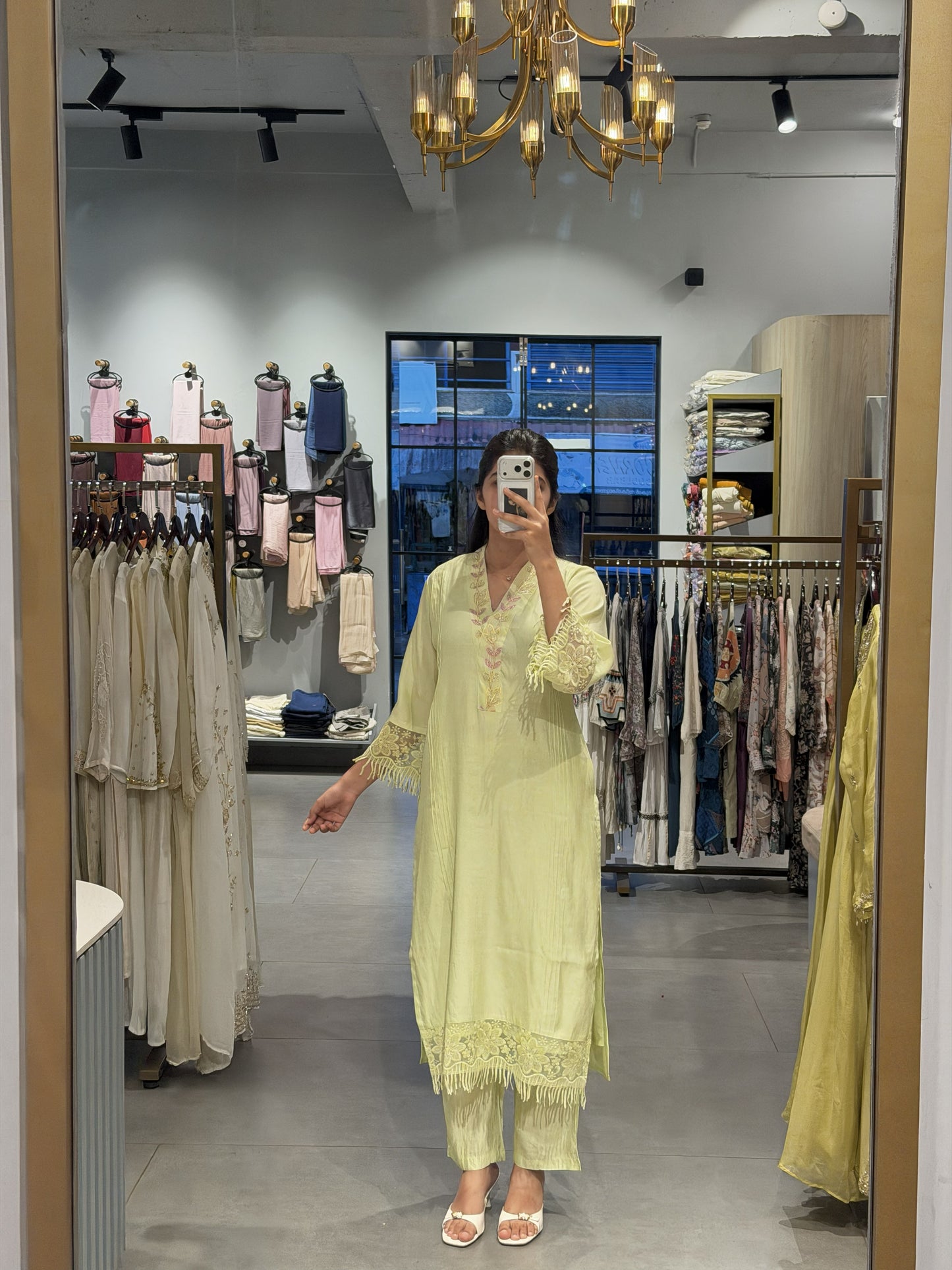 Pastel Green Chanderi Suit Set with Organza Shawl