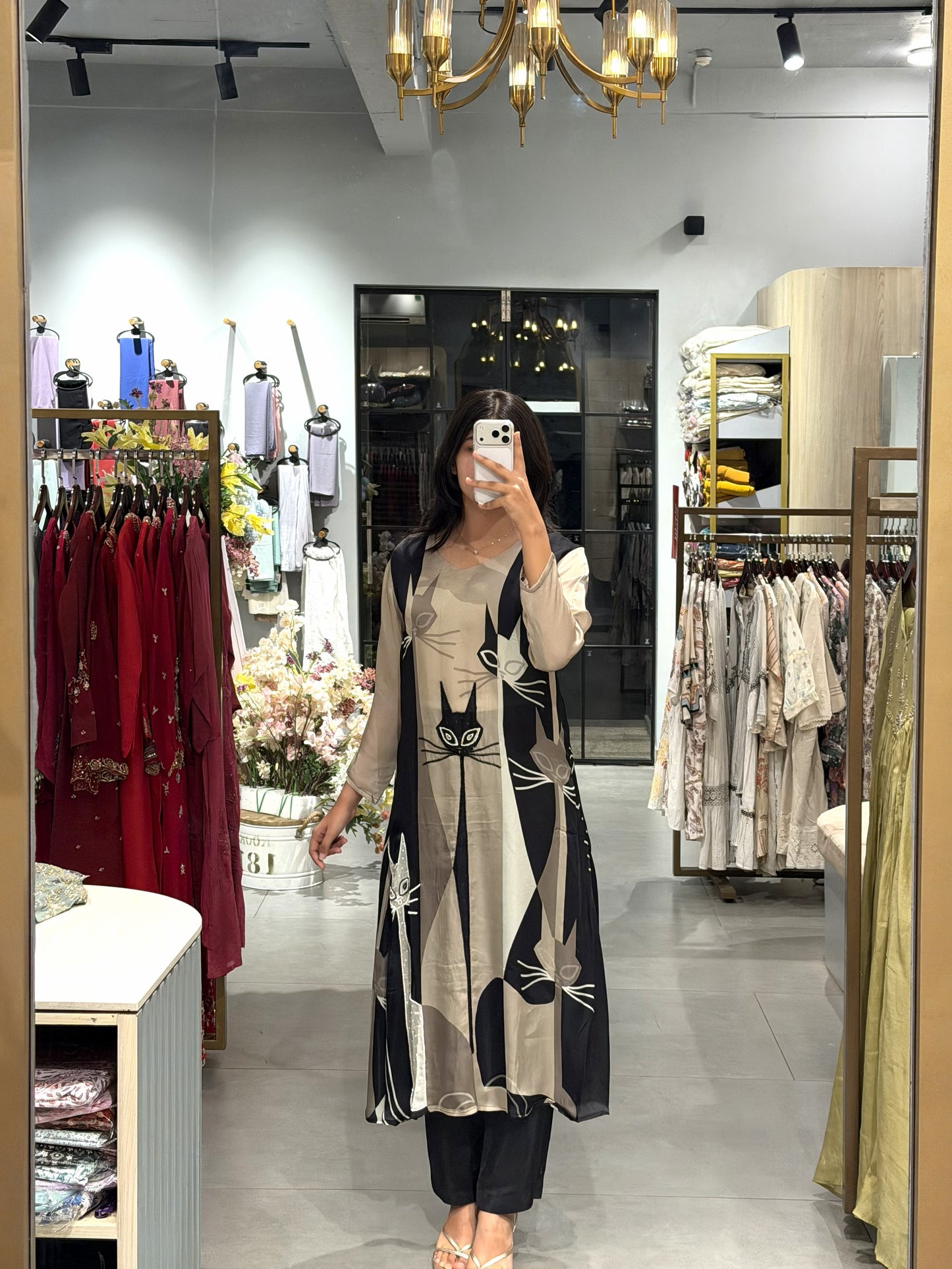 Abstract Cat Print Crêpe Silk Co-Ord Set