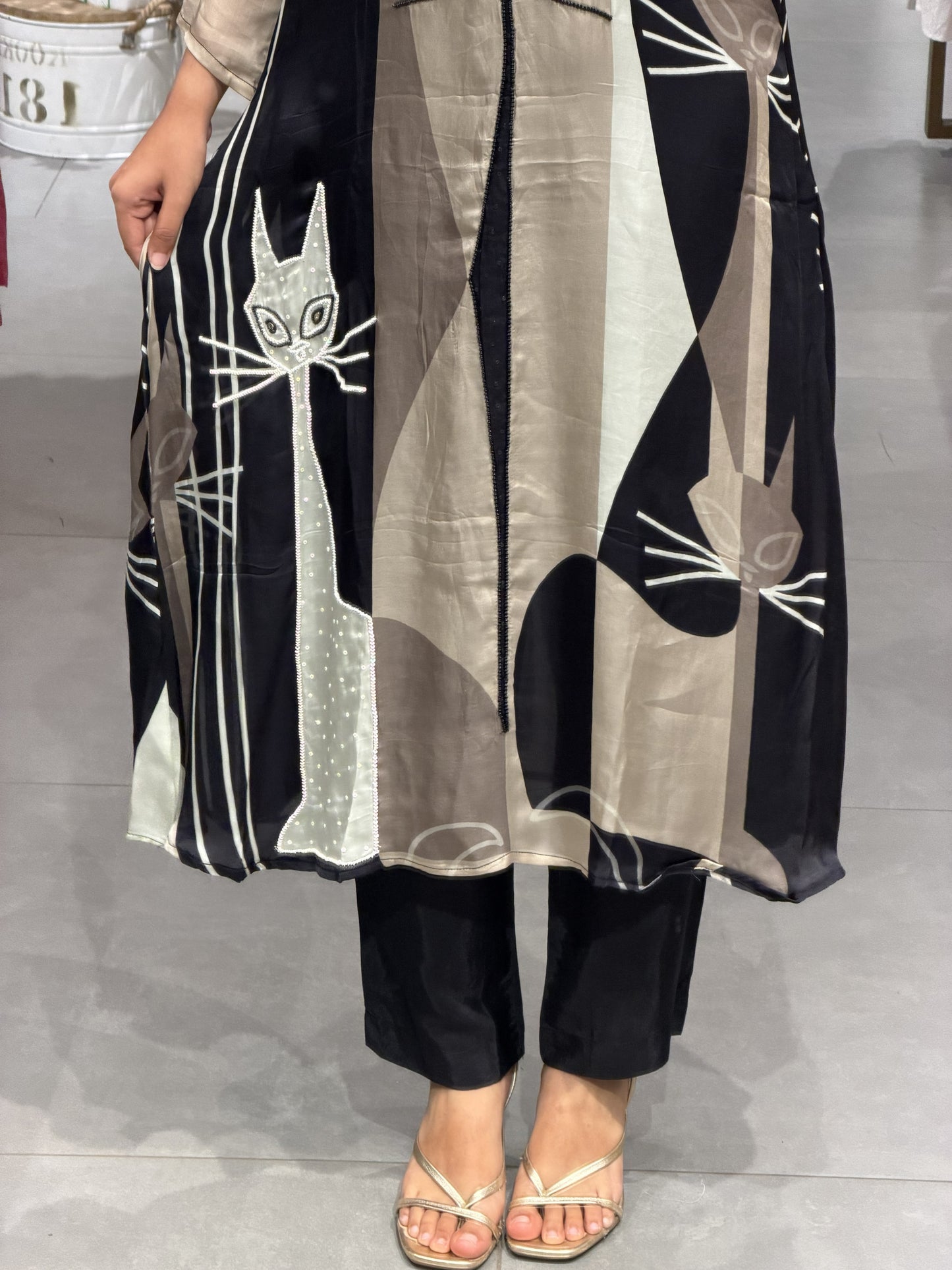 Abstract Cat Print Crêpe Silk Co-Ord Set