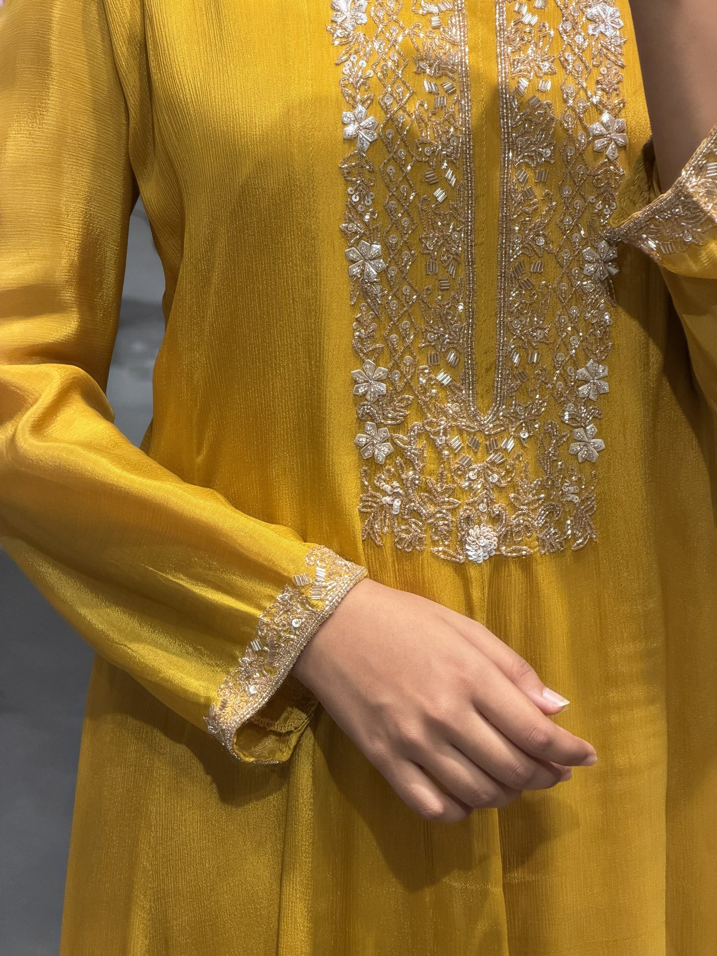 Elegant Mustard Yellow Chinnon Silk Suit Set