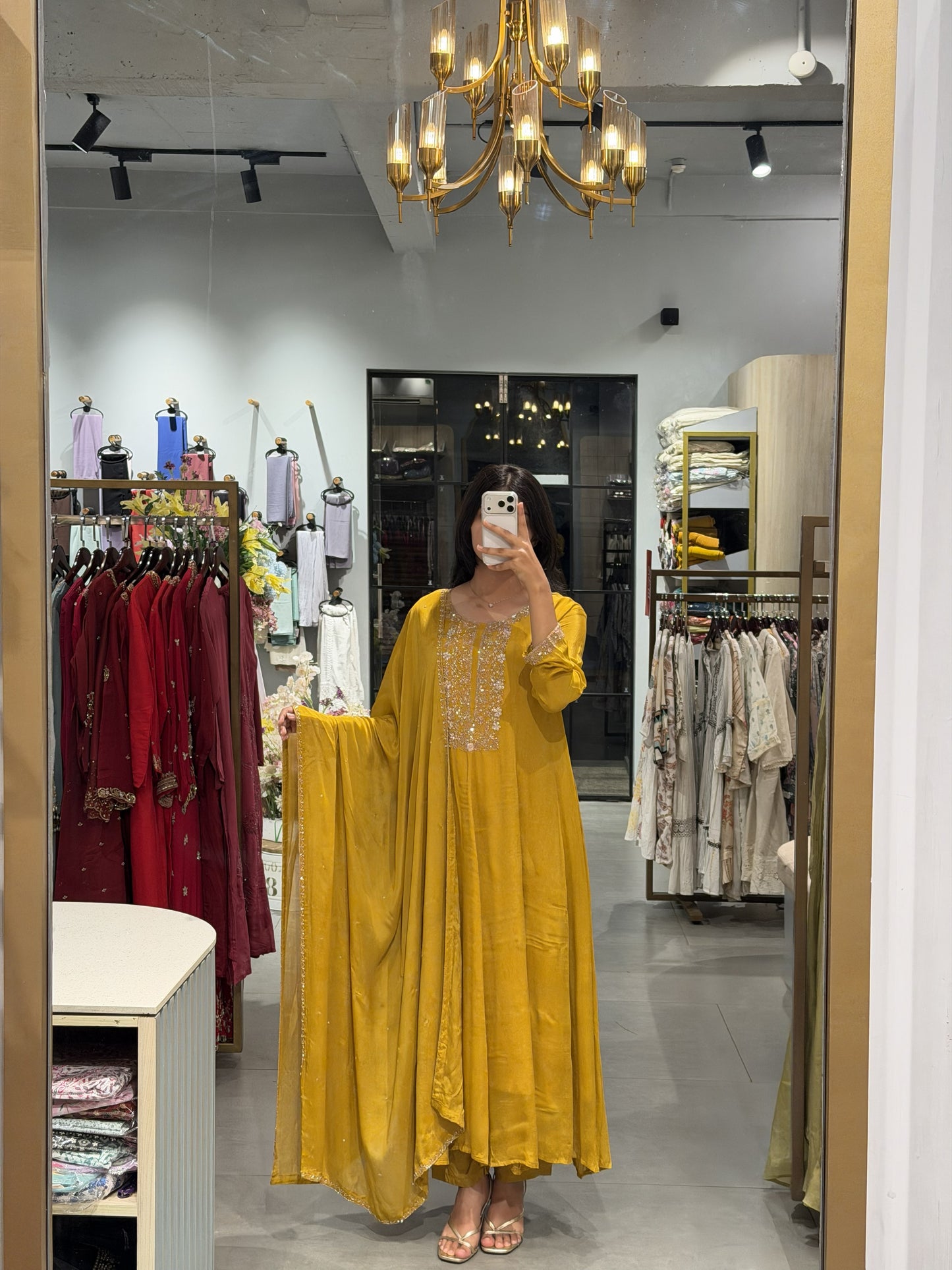 Elegant Mustard Yellow Chinnon Silk Suit Set