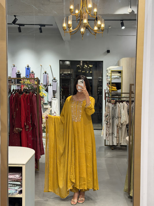 Elegant Mustard Yellow Chinnon Silk Suit Set