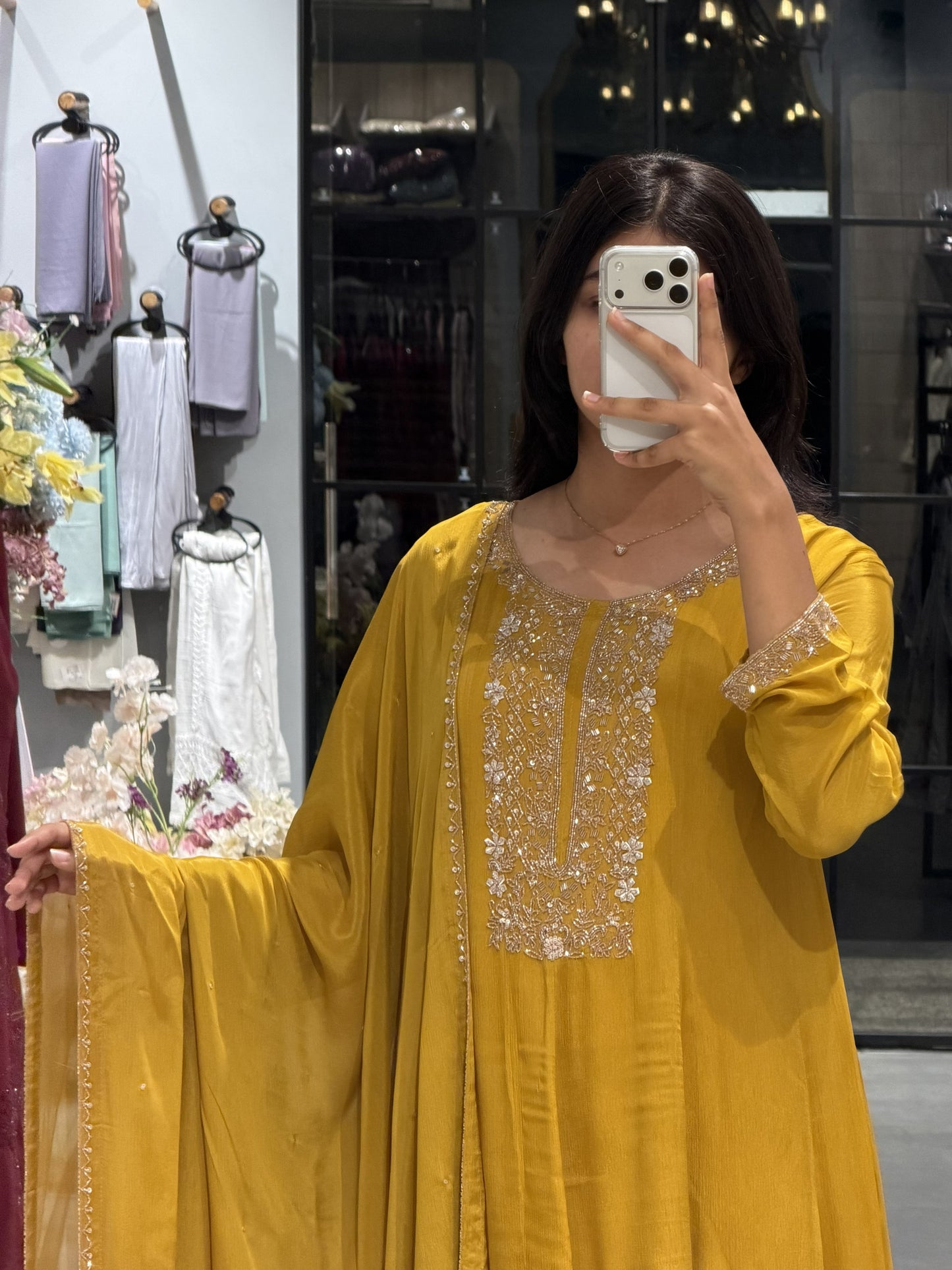 Elegant Mustard Yellow Chinnon Silk Suit Set