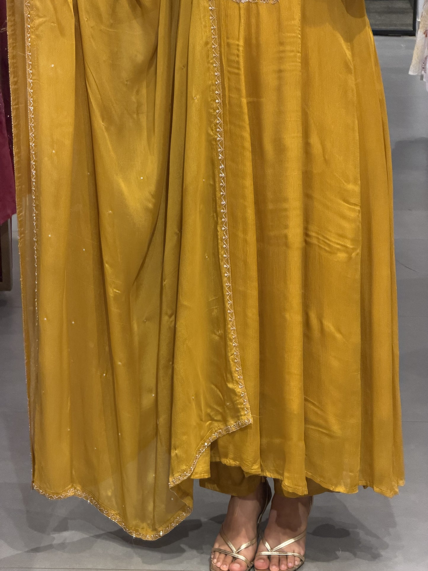 Elegant Mustard Yellow Chinnon Silk Suit Set
