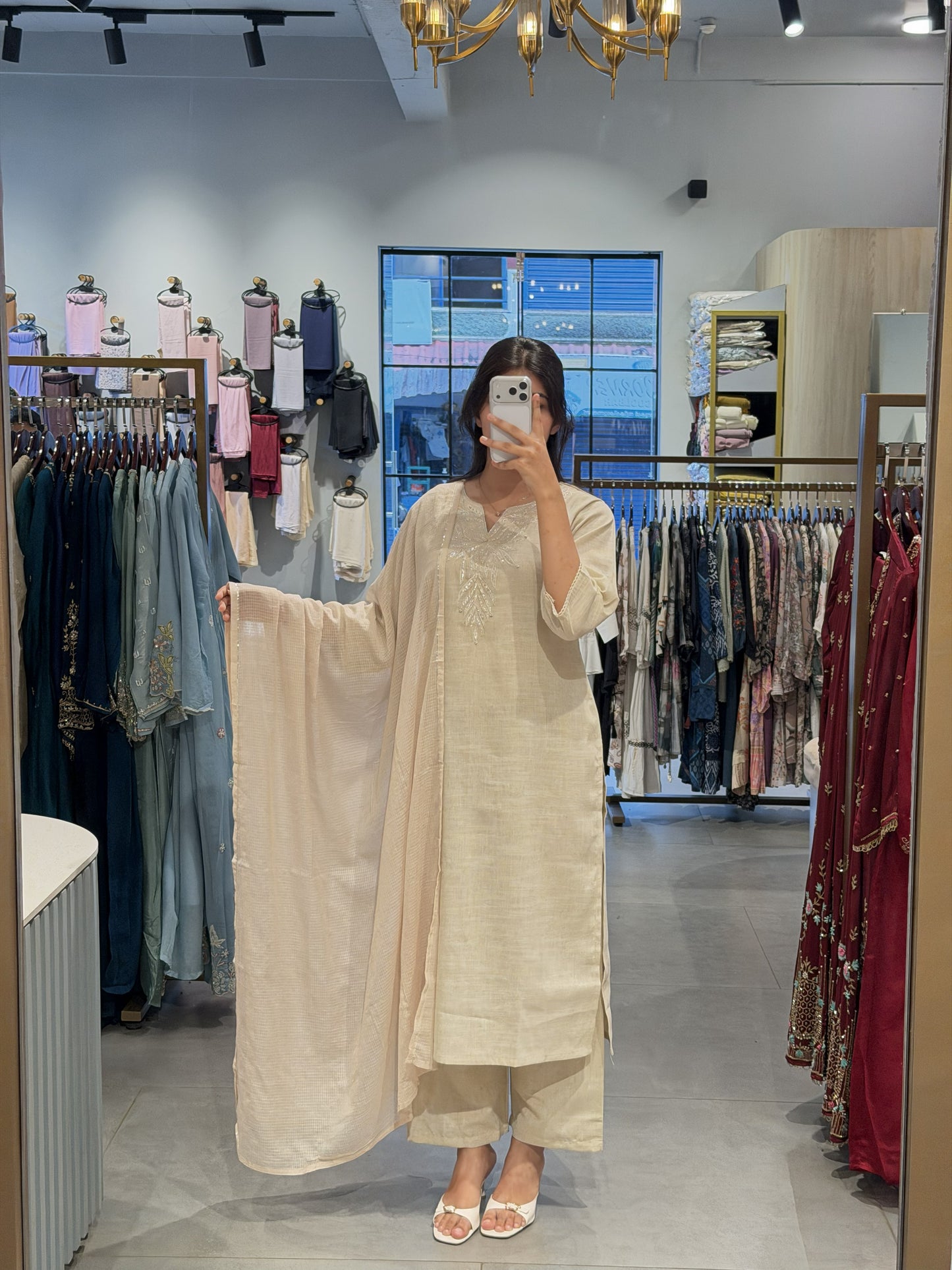 Elegant Ivory Linen Semi-Party Wear Suit Set