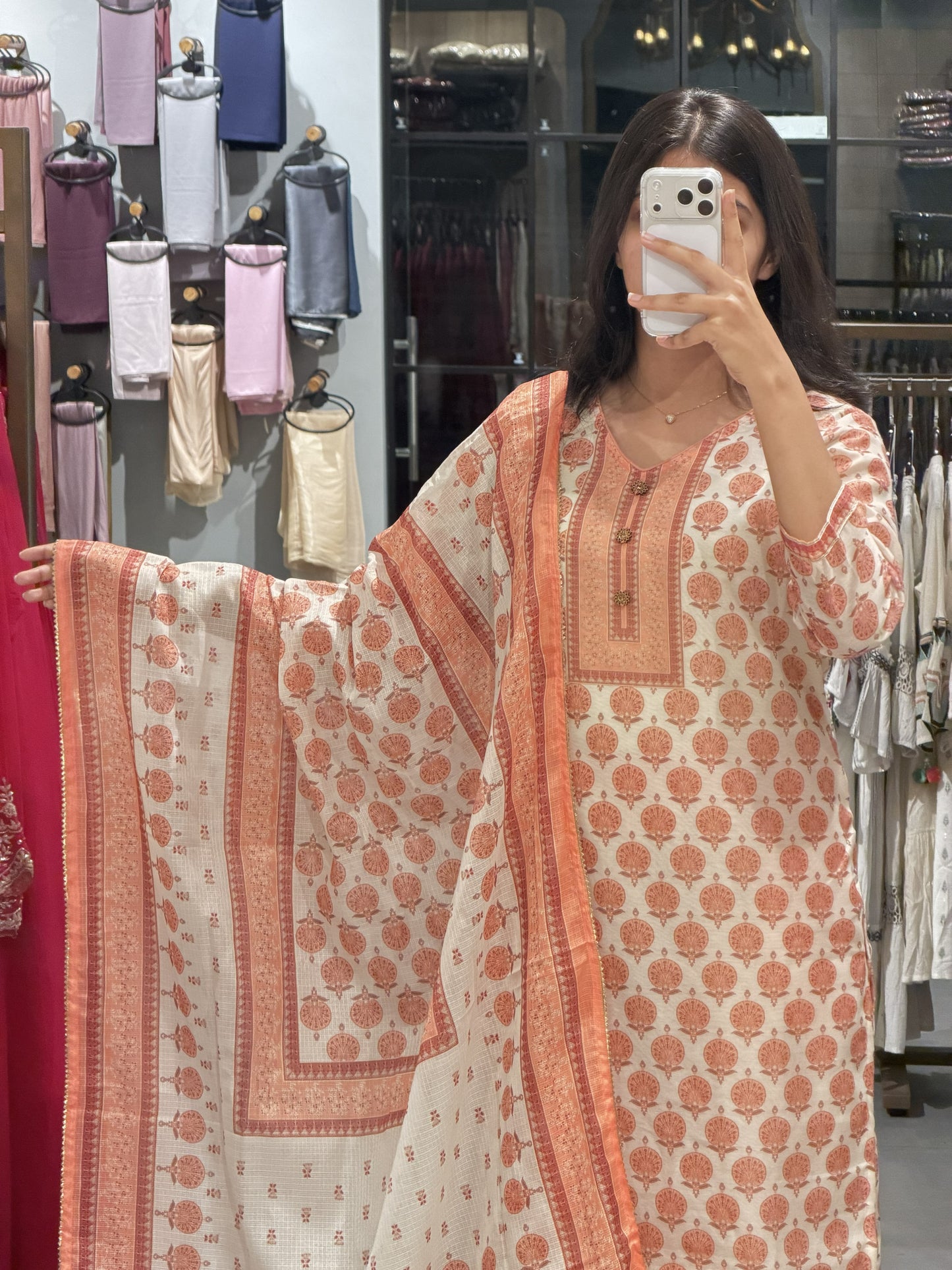 Peach Printed Kotta Silk Casual Wear Suit Set
