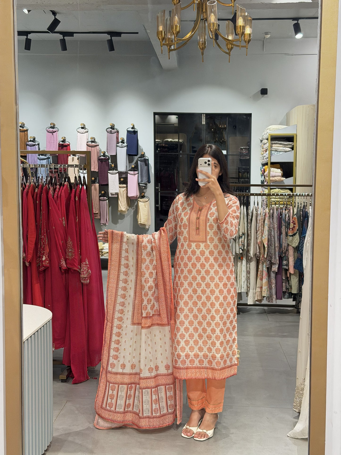 Peach Printed Kotta Silk Casual Wear Suit Set