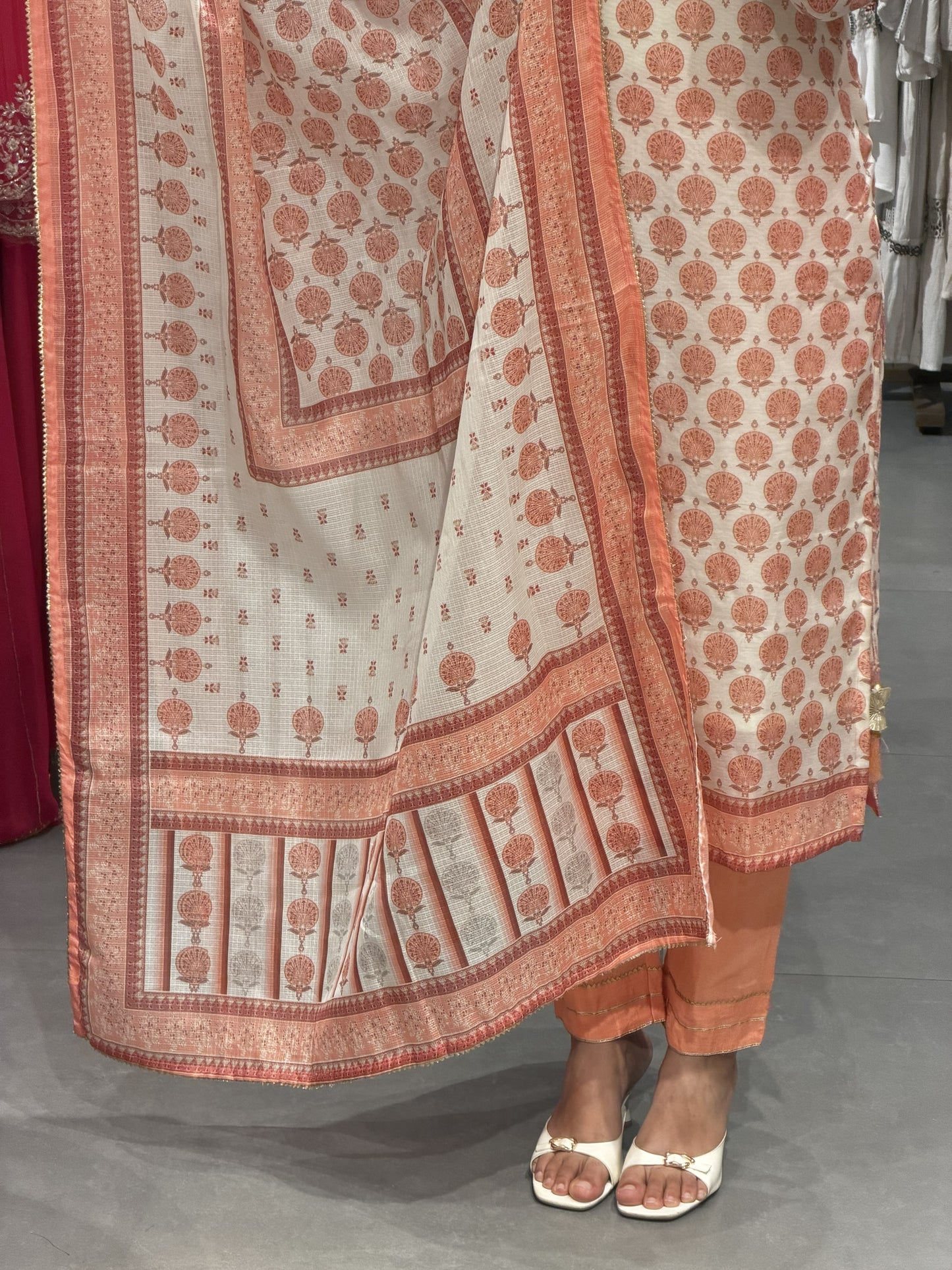 Peach Printed Kotta Silk Casual Wear Suit Set