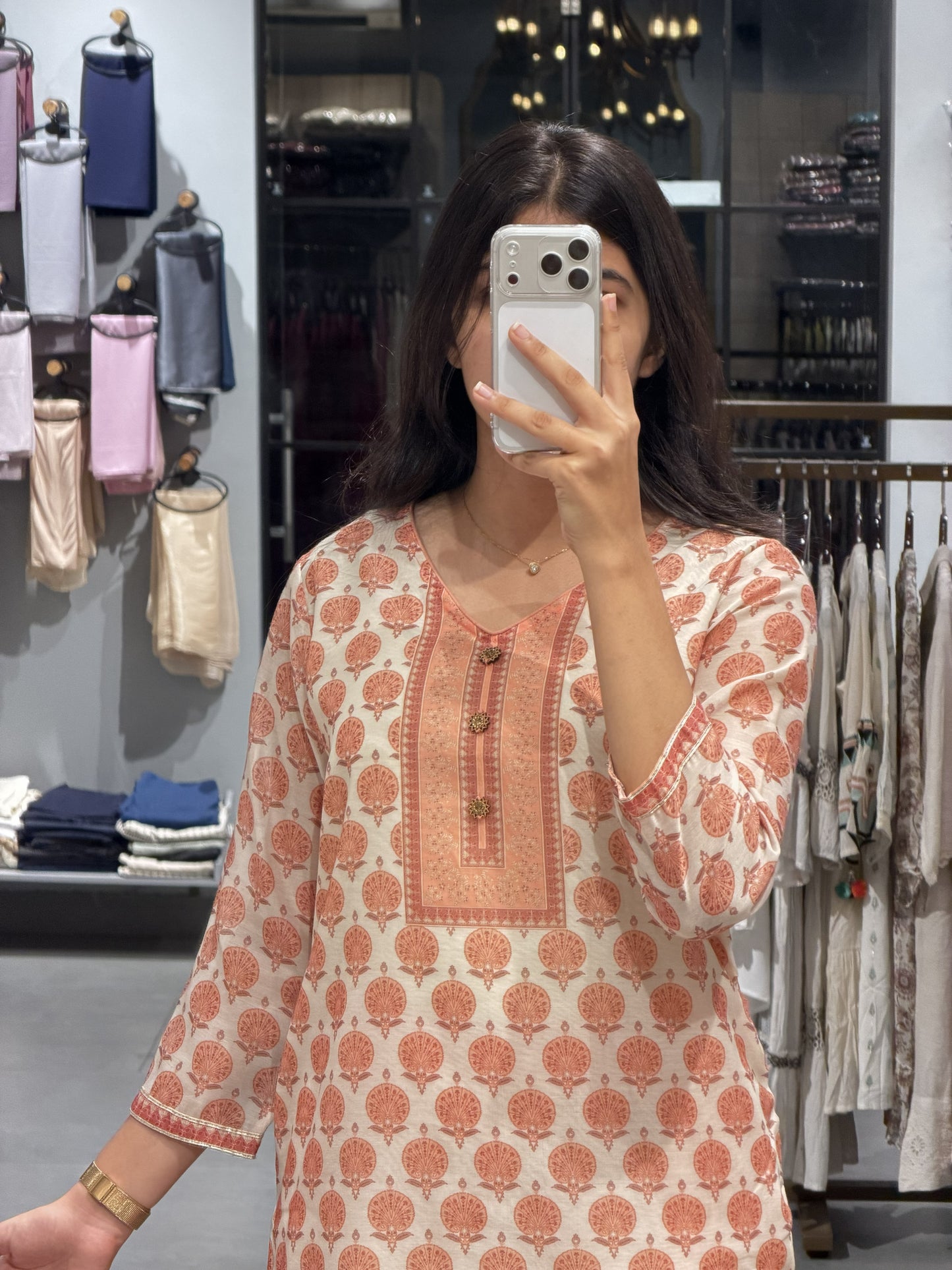 Peach Printed Kotta Silk Casual Wear Suit Set