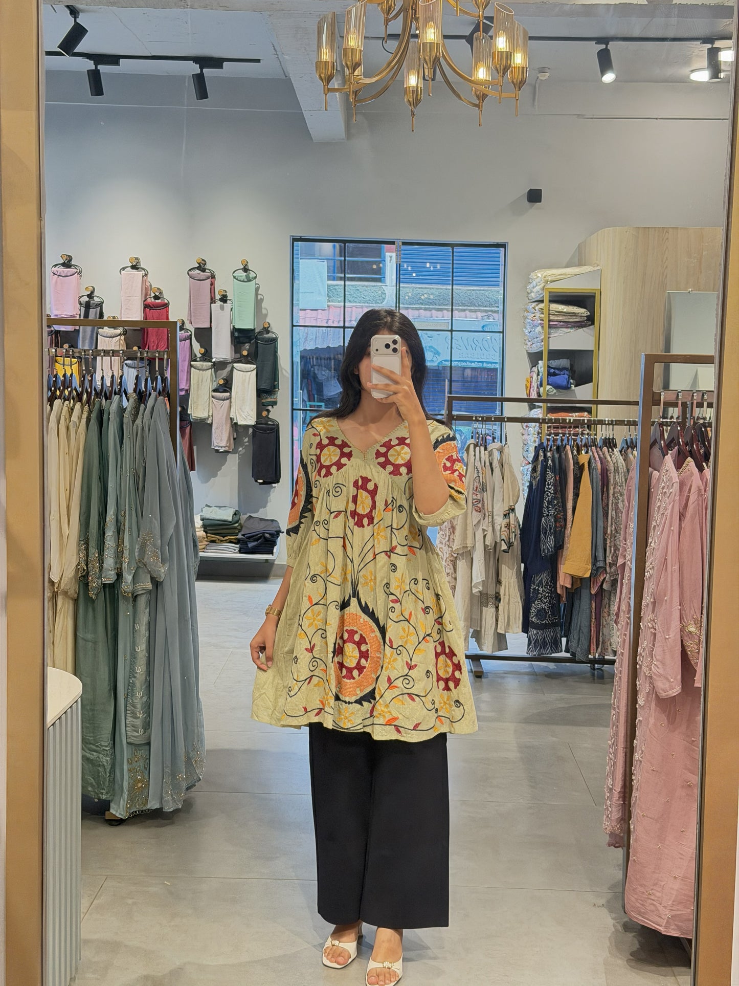 Sage Green Floral Embroidered Cotton Peplum Top