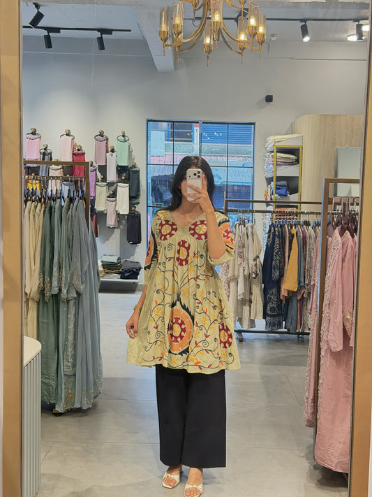 Sage Green Floral Embroidered Cotton Peplum Top