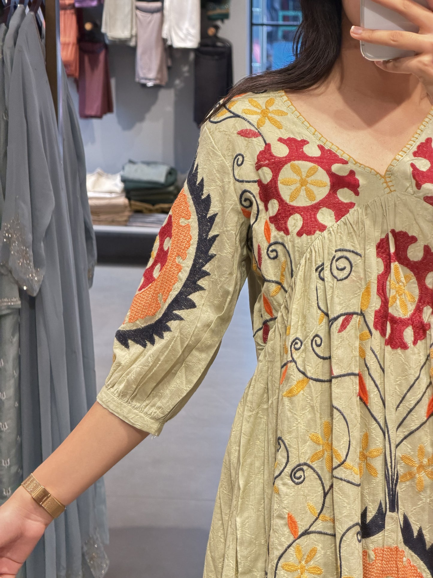 Sage Green Floral Embroidered Cotton Peplum Top