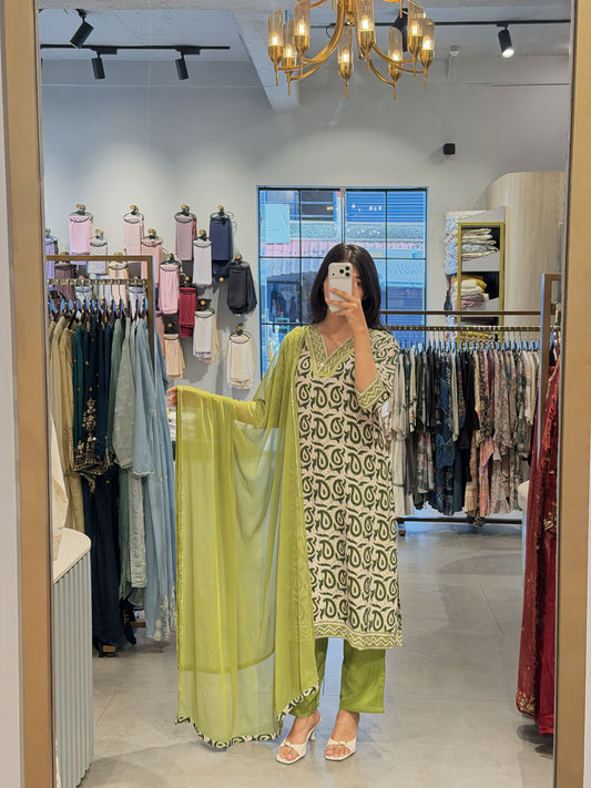 Lime Green Printed Cotton Suit Set