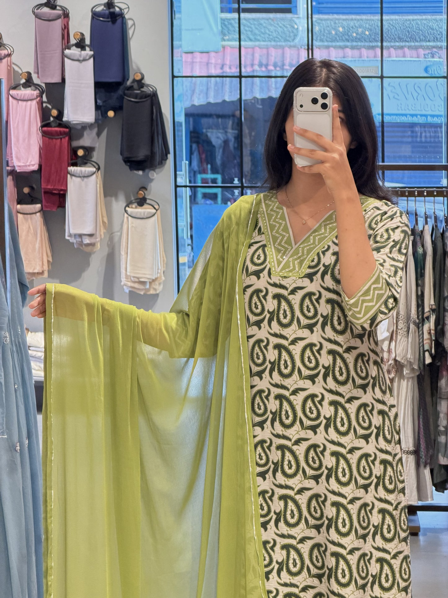 Lime Green Printed Cotton Suit Set