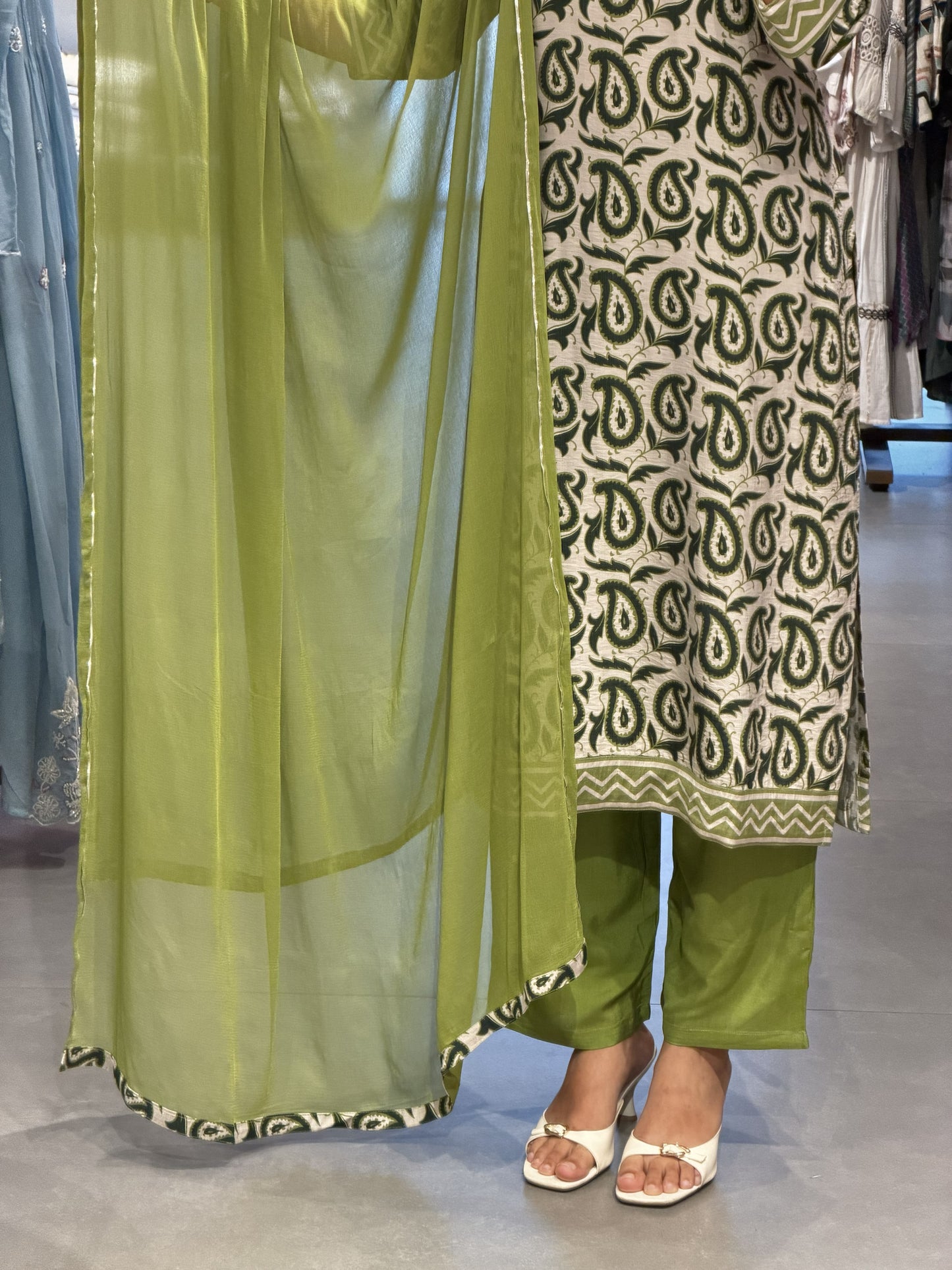 Lime Green Printed Cotton Suit Set