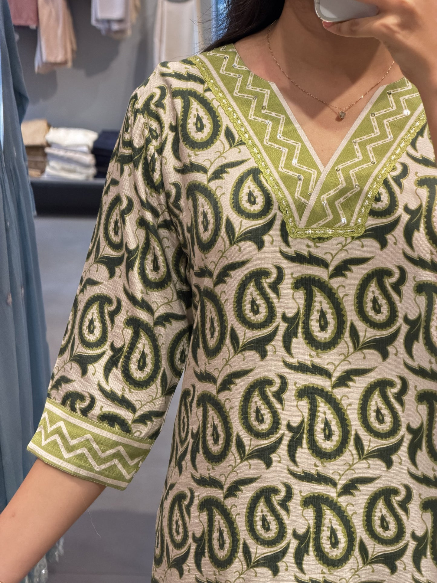 Lime Green Printed Cotton Suit Set