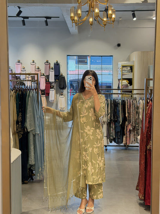 Olive Green Floral Chanderi Silk Suit Set