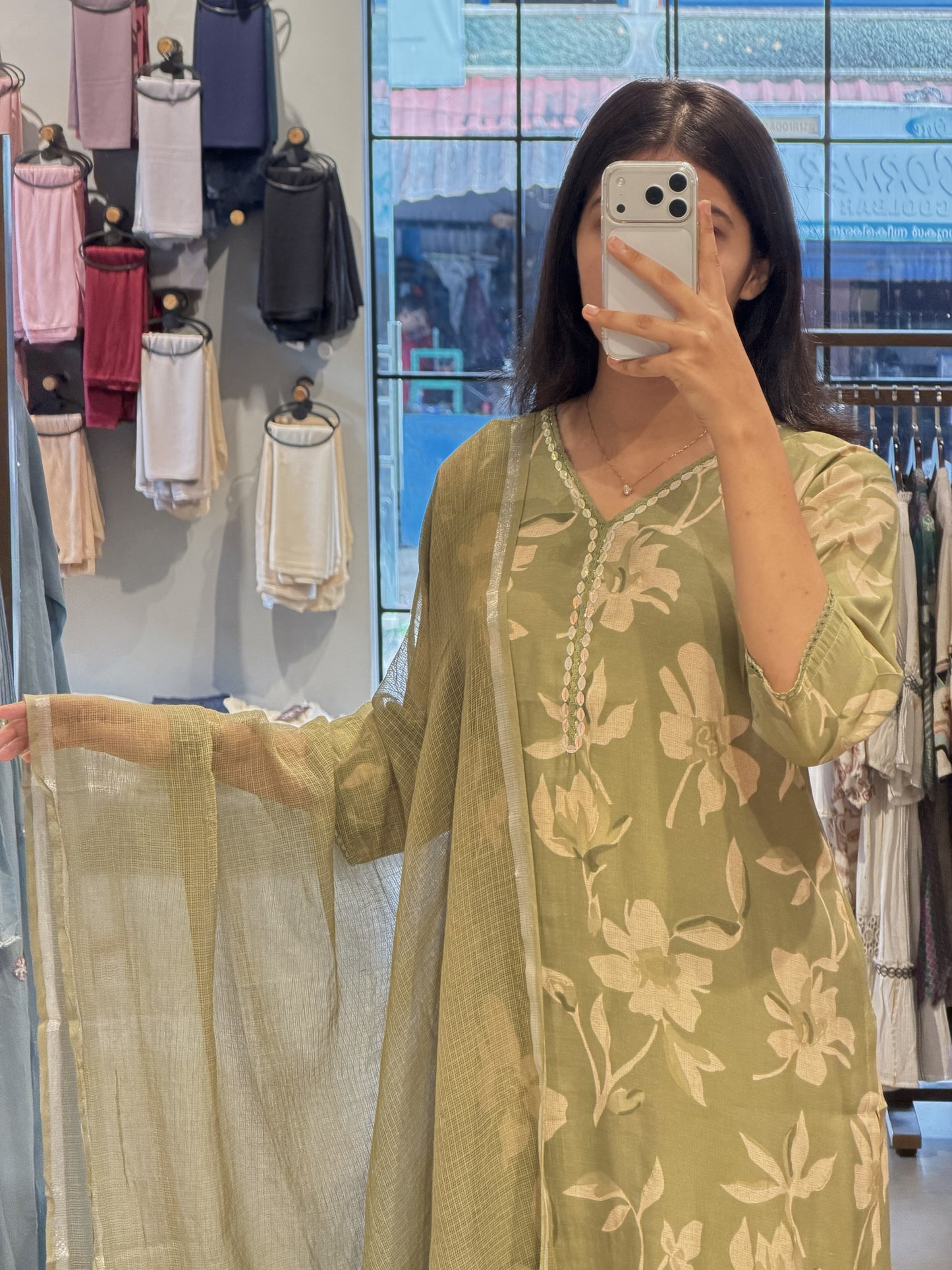 Olive Green Floral Chanderi Silk Suit Set
