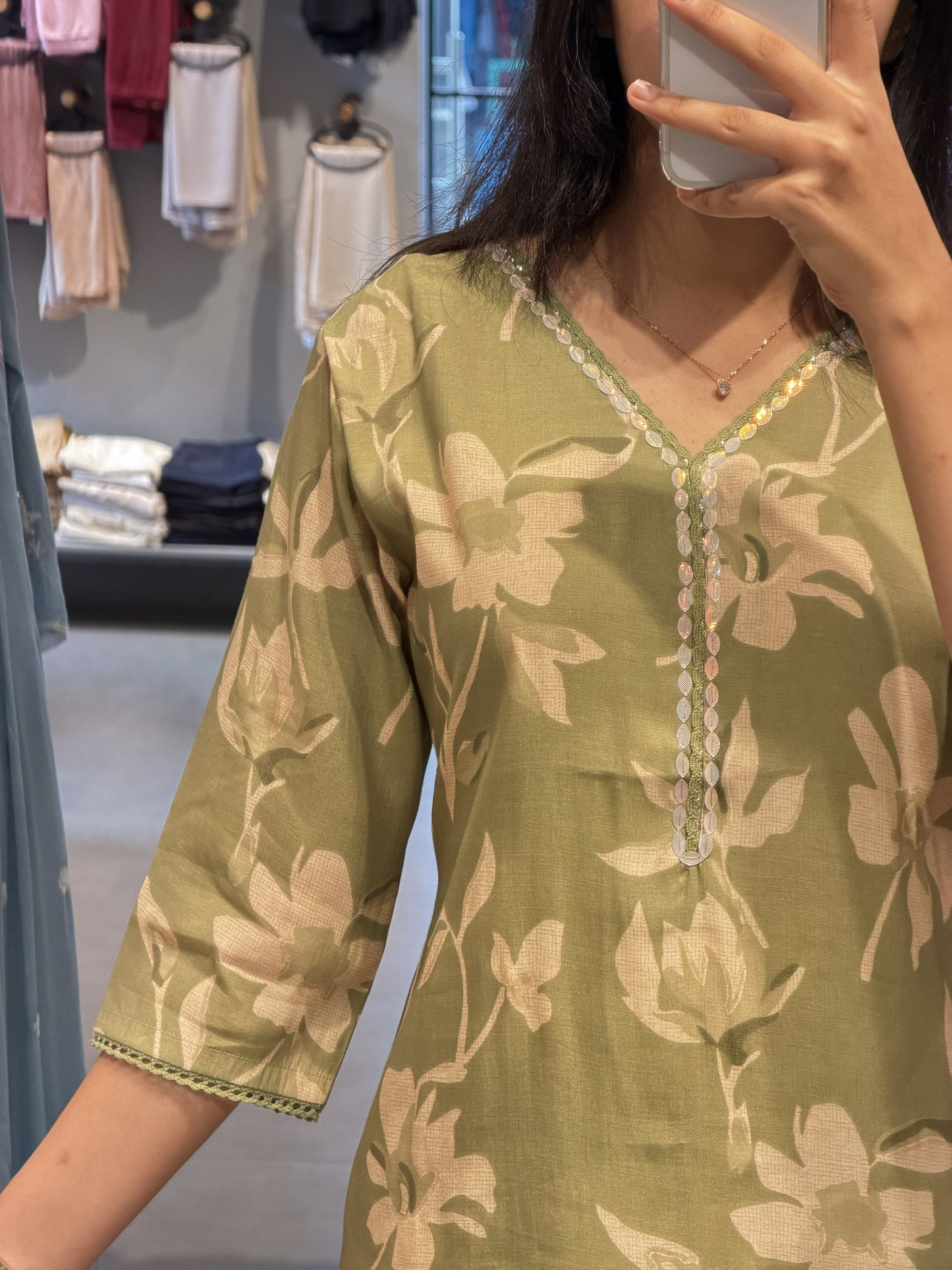 Olive Green Floral Chanderi Silk Suit Set