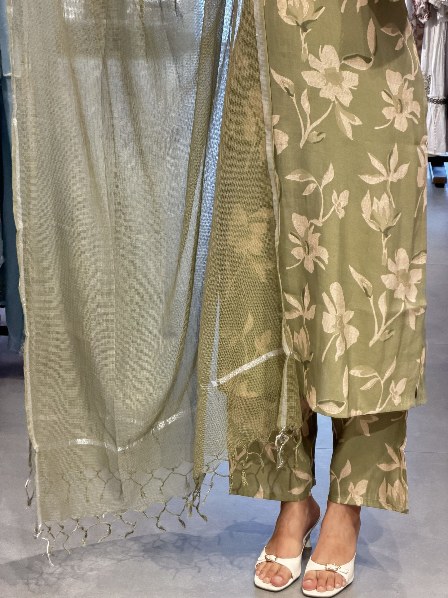Olive Green Floral Chanderi Silk Suit Set