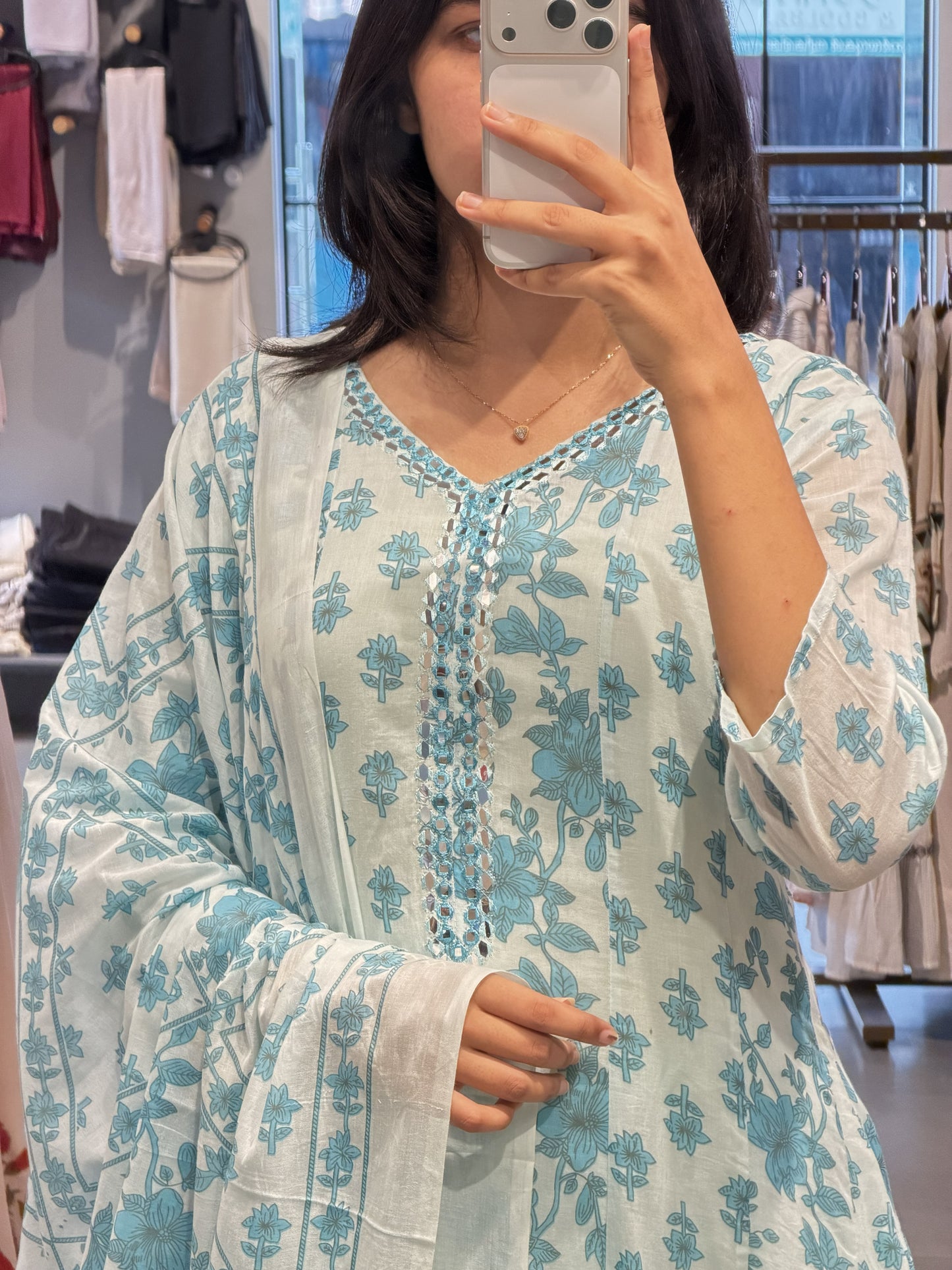 Sky Blue Floral Cotton Suit Set