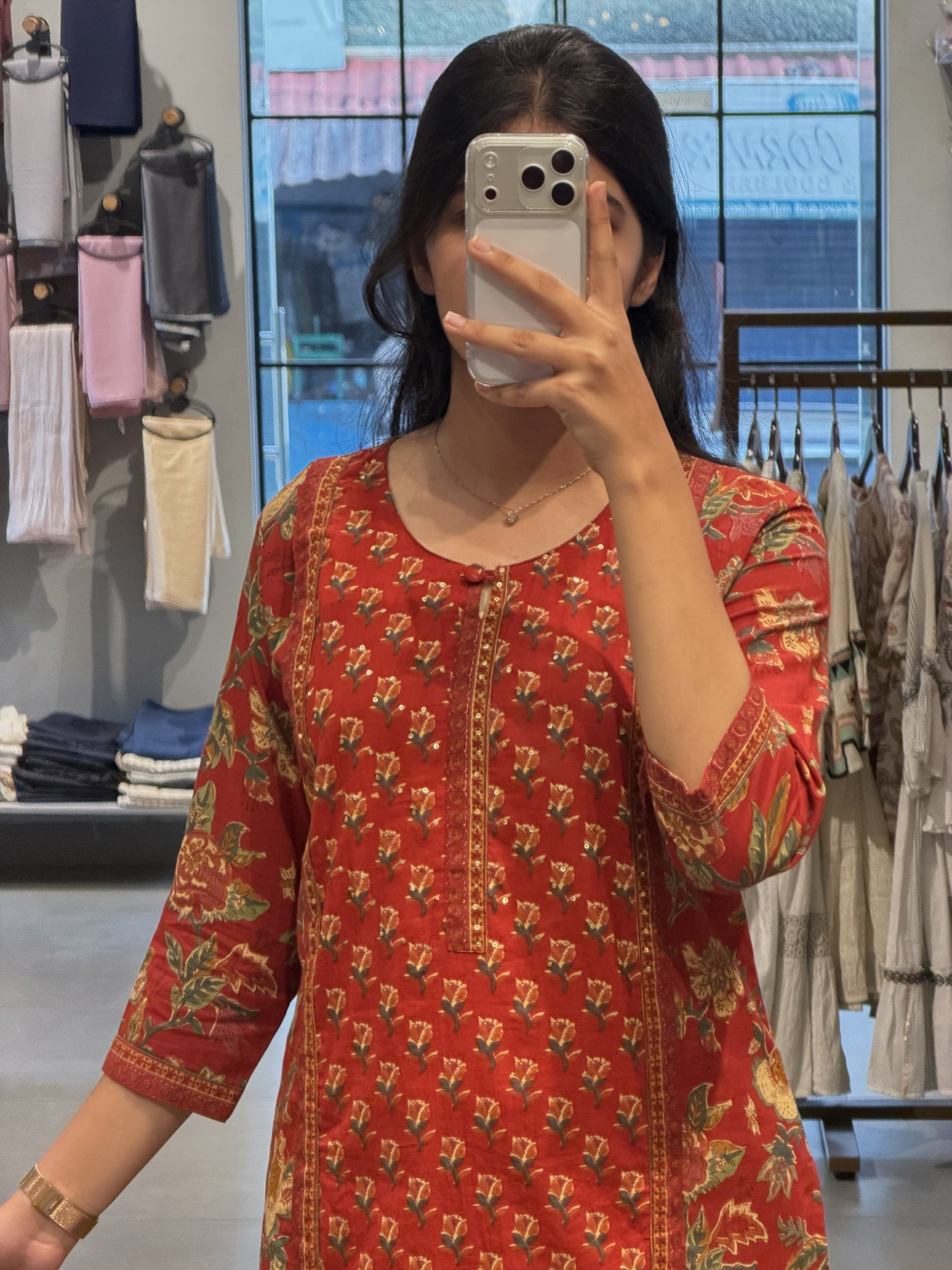 Red Floral Cotton Suit Set