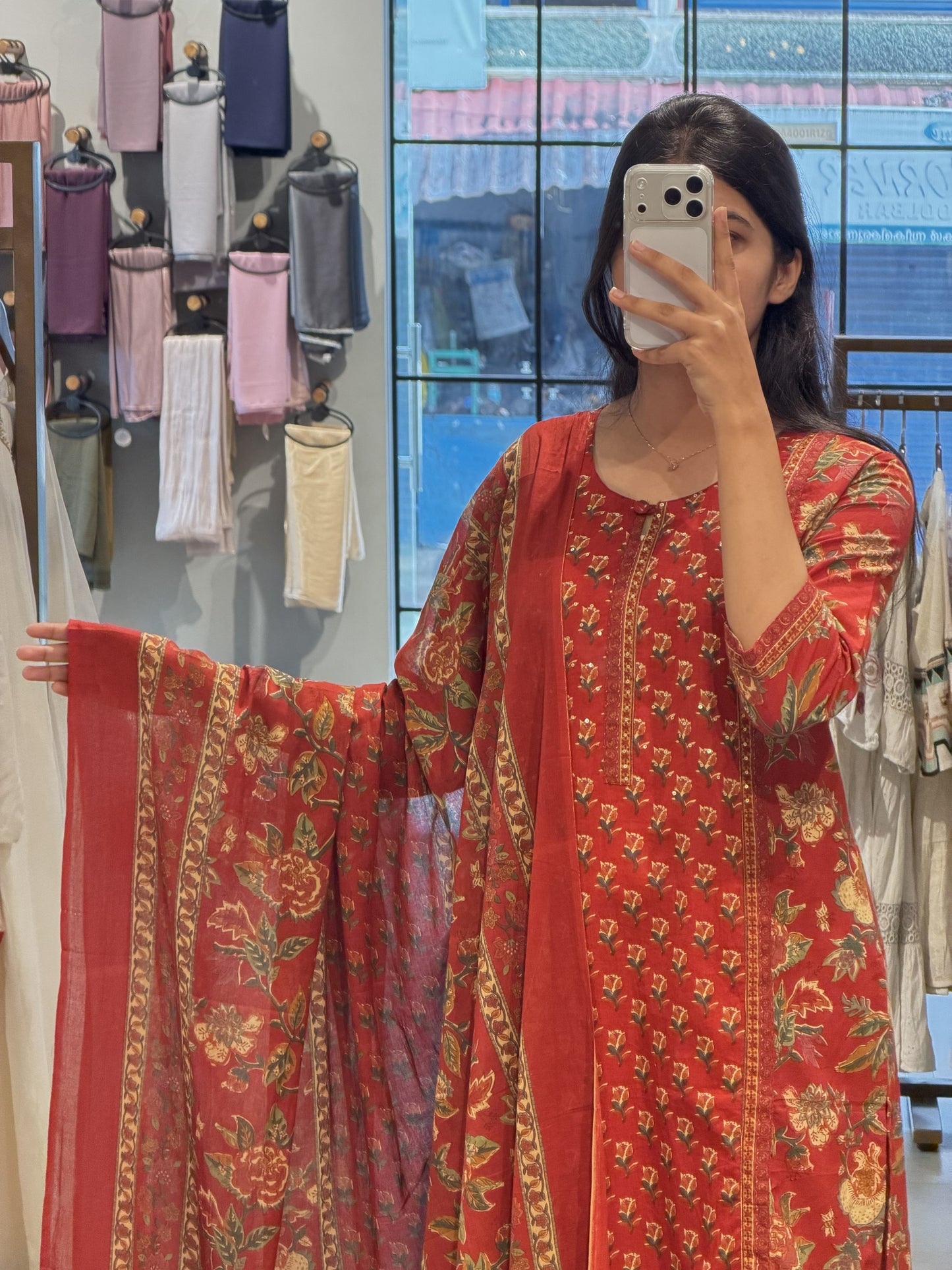 Red Floral Cotton Suit Set