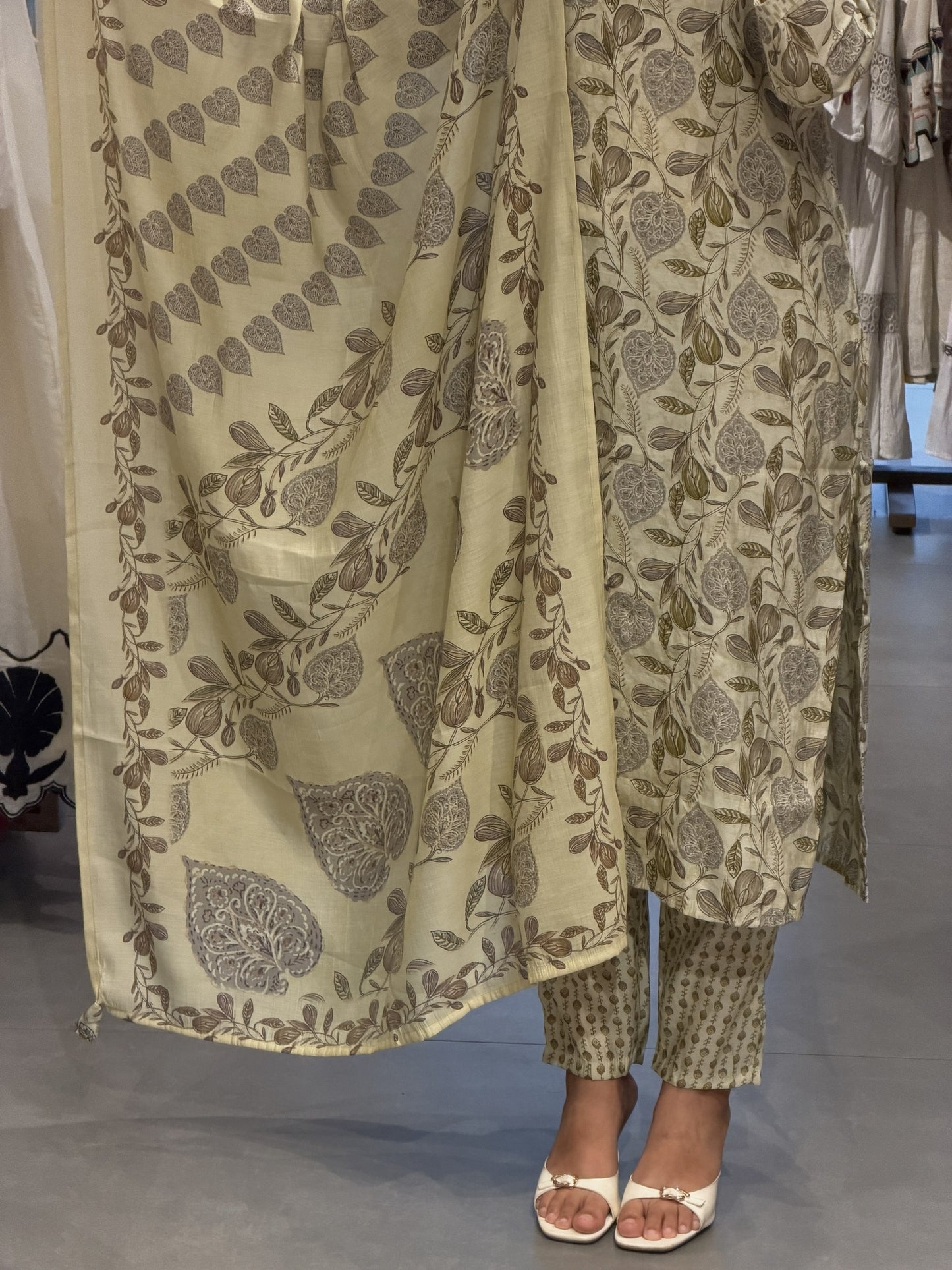 Olive Floral Printed Cotton Suit Set