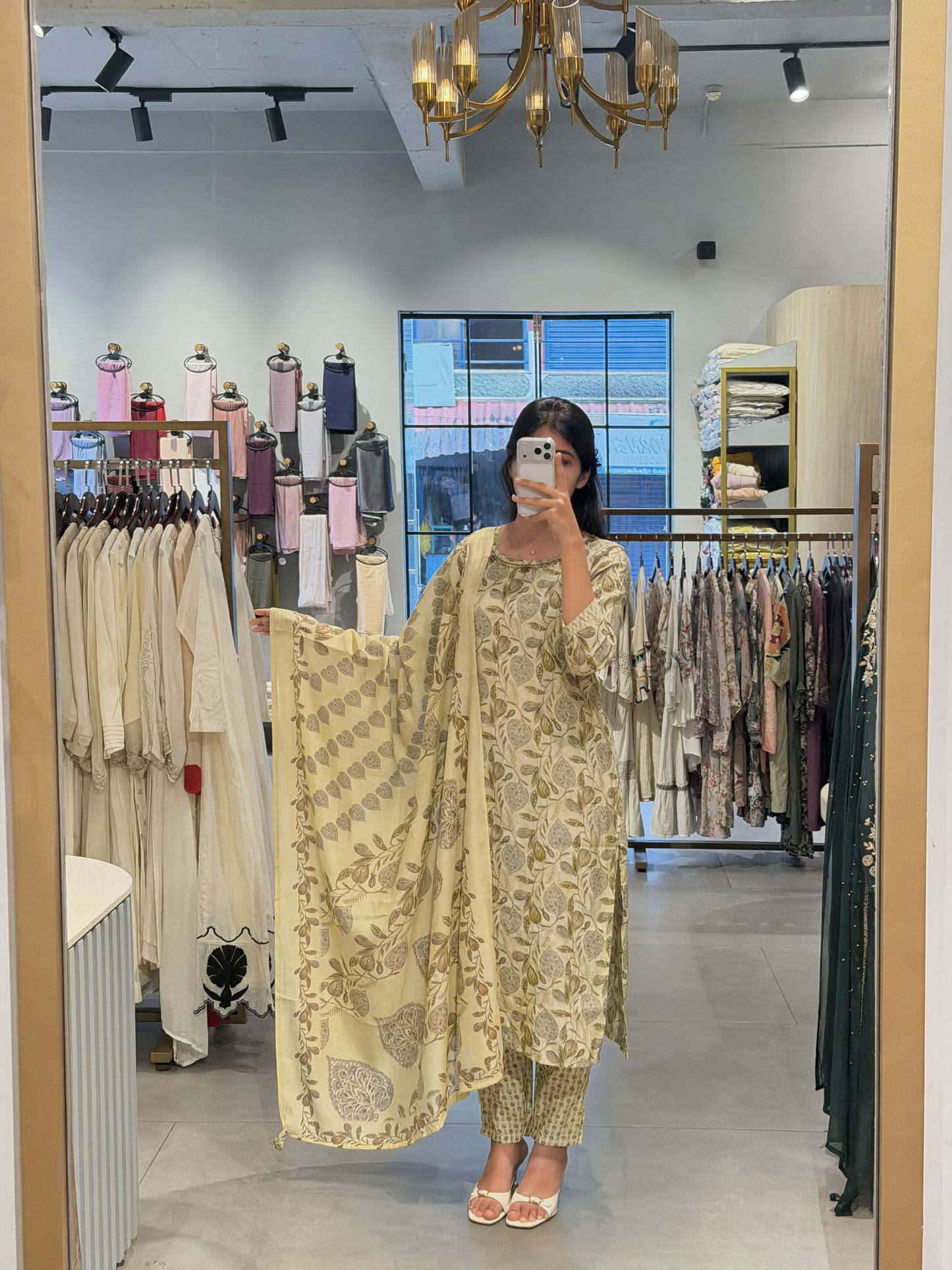 Olive Floral Printed Cotton Suit Set