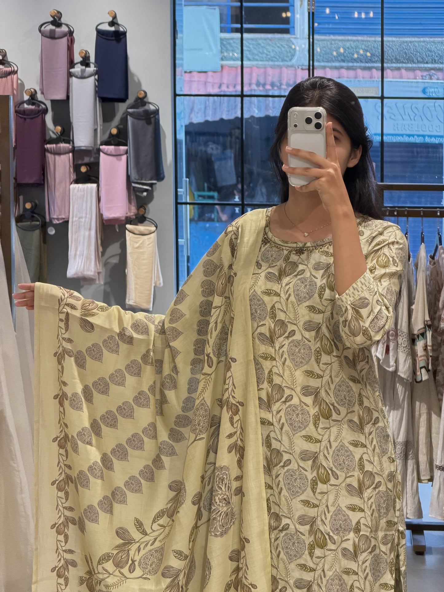 Olive Floral Printed Cotton Suit Set