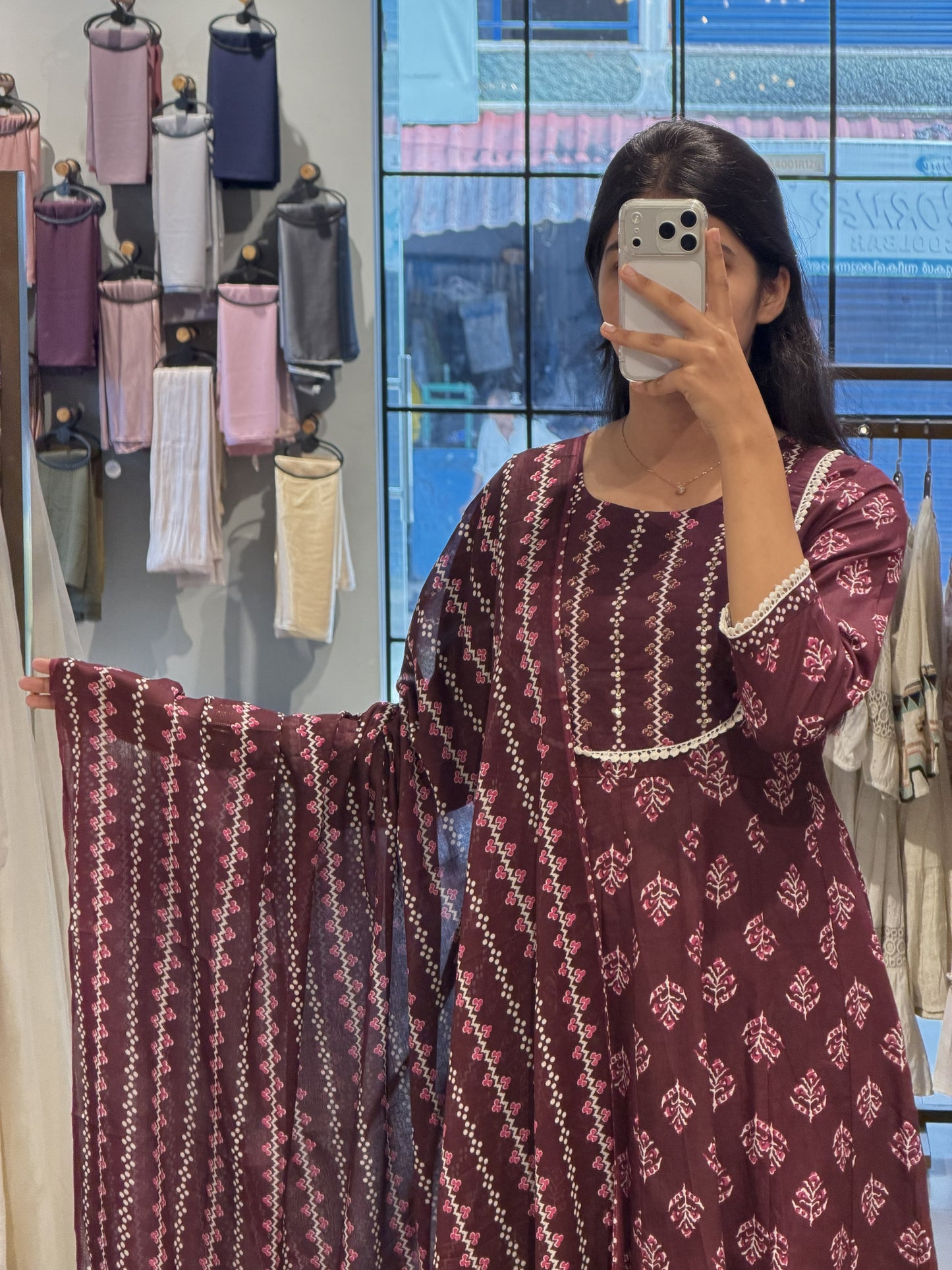 Wine Printed Cotton Suit Set