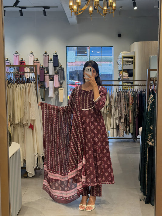 Wine Printed Cotton Suit Set