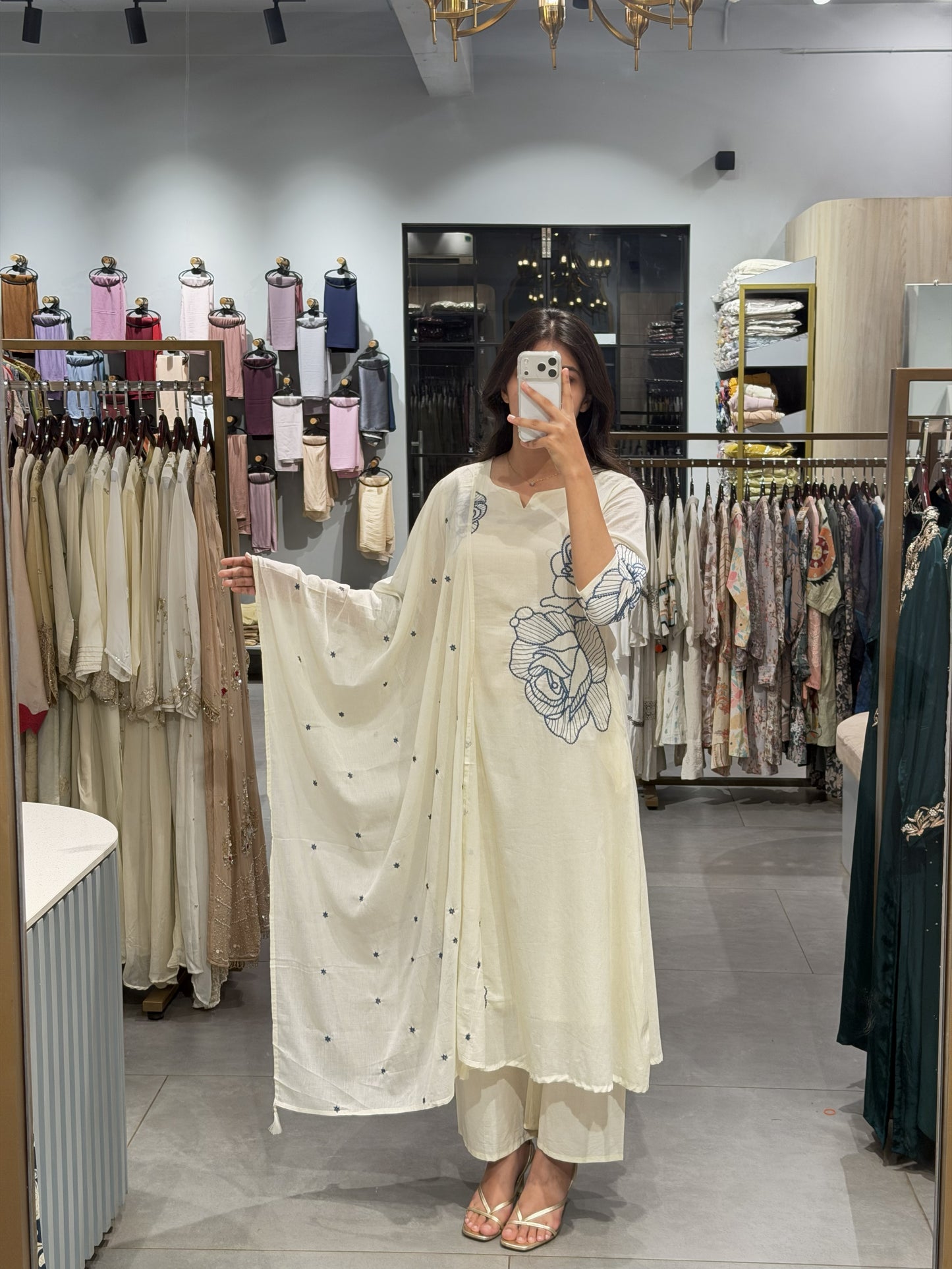 White Floral Mall Cotton Suit Set