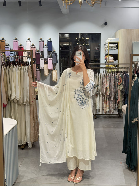 White Floral Mall Cotton Suit Set