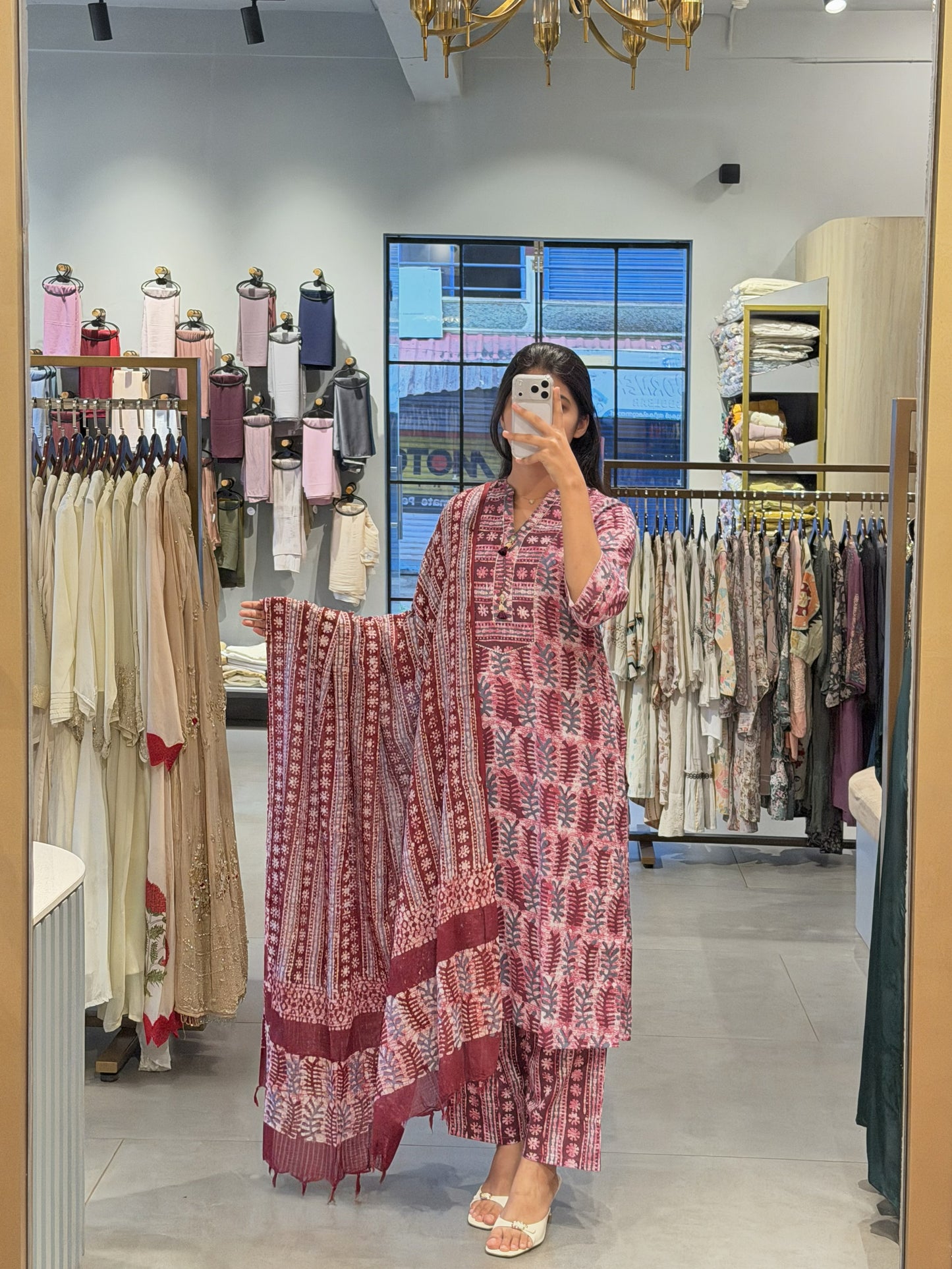 Maroon Printed Cotton Suit Set