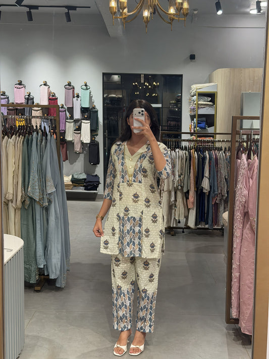 Light Sage green & Dusty Blue Chanderi Silk Co-ord Set