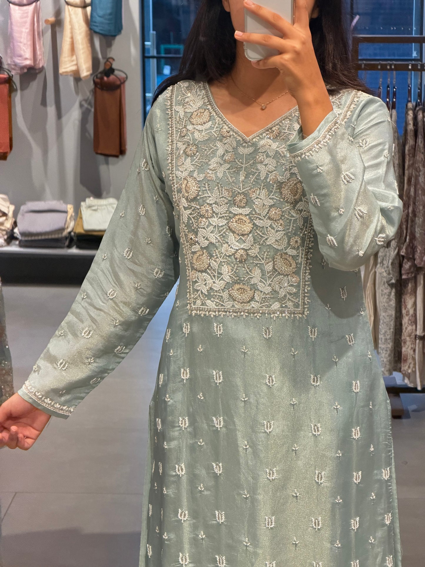 Pastel Mint Embroidered Tissue Silk Kurta Set