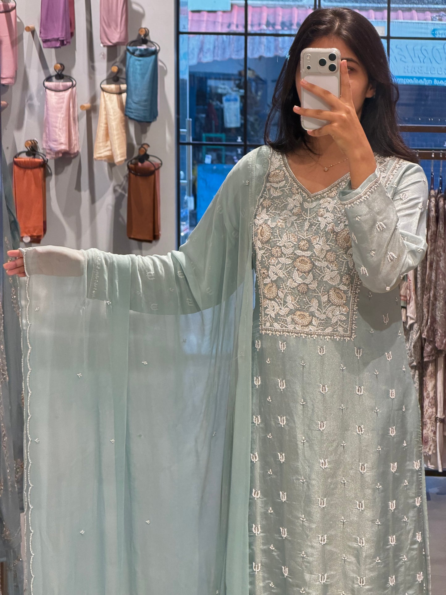 Pastel Mint Embroidered Tissue Silk Kurta Set