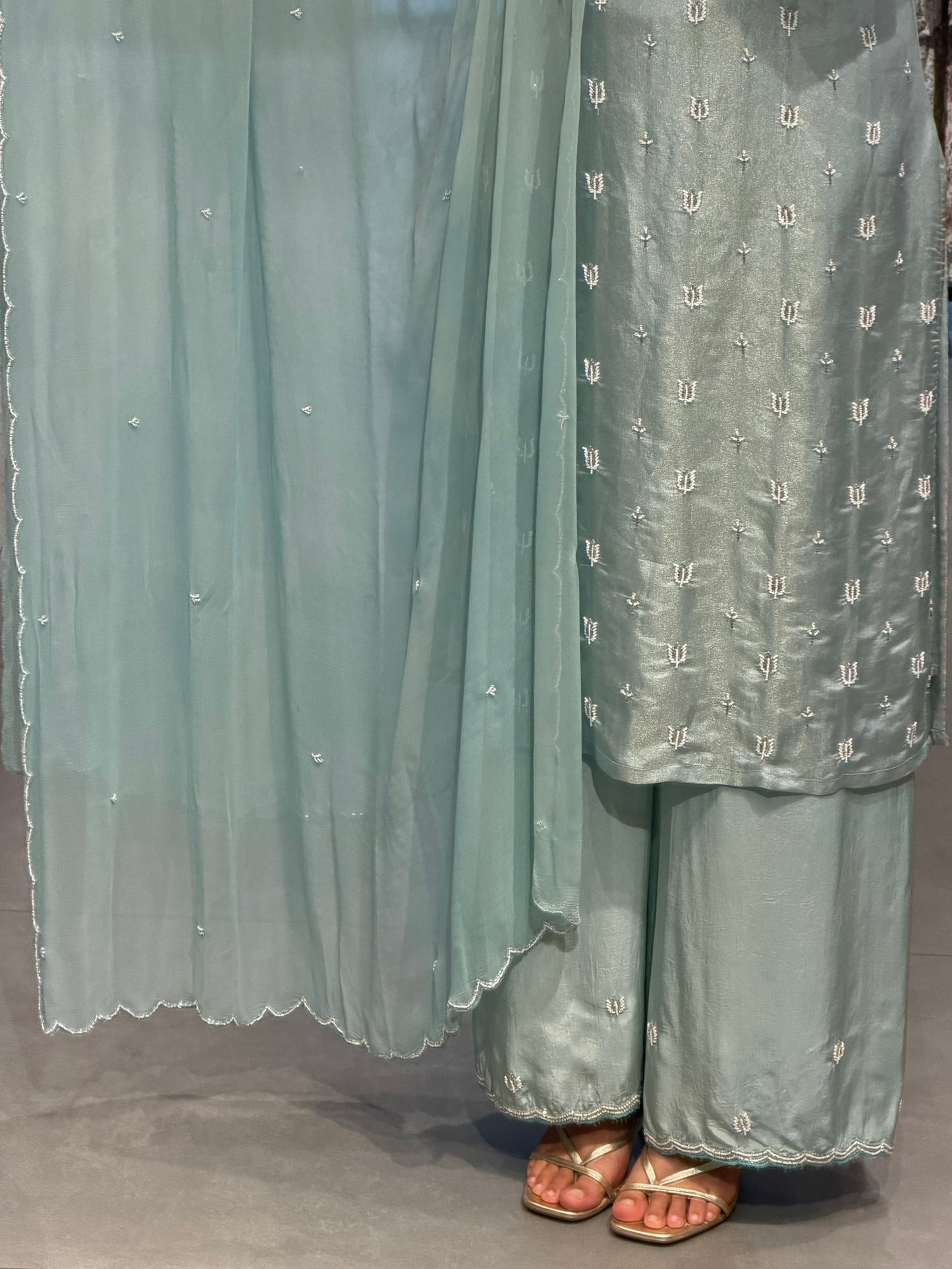 Pastel Mint Embroidered Tissue Silk Kurta Set