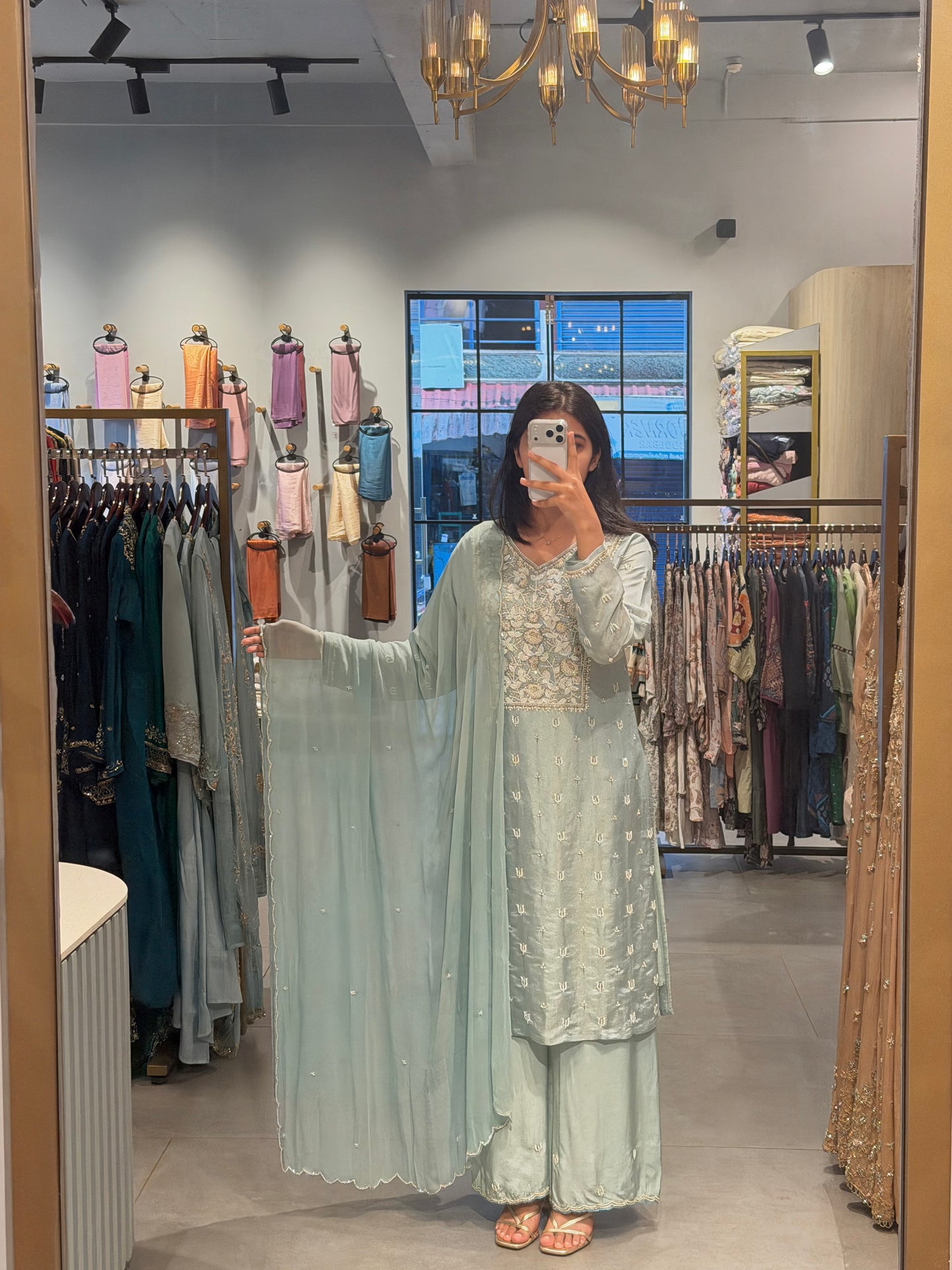 Pastel Mint Embroidered Tissue Silk Kurta Set