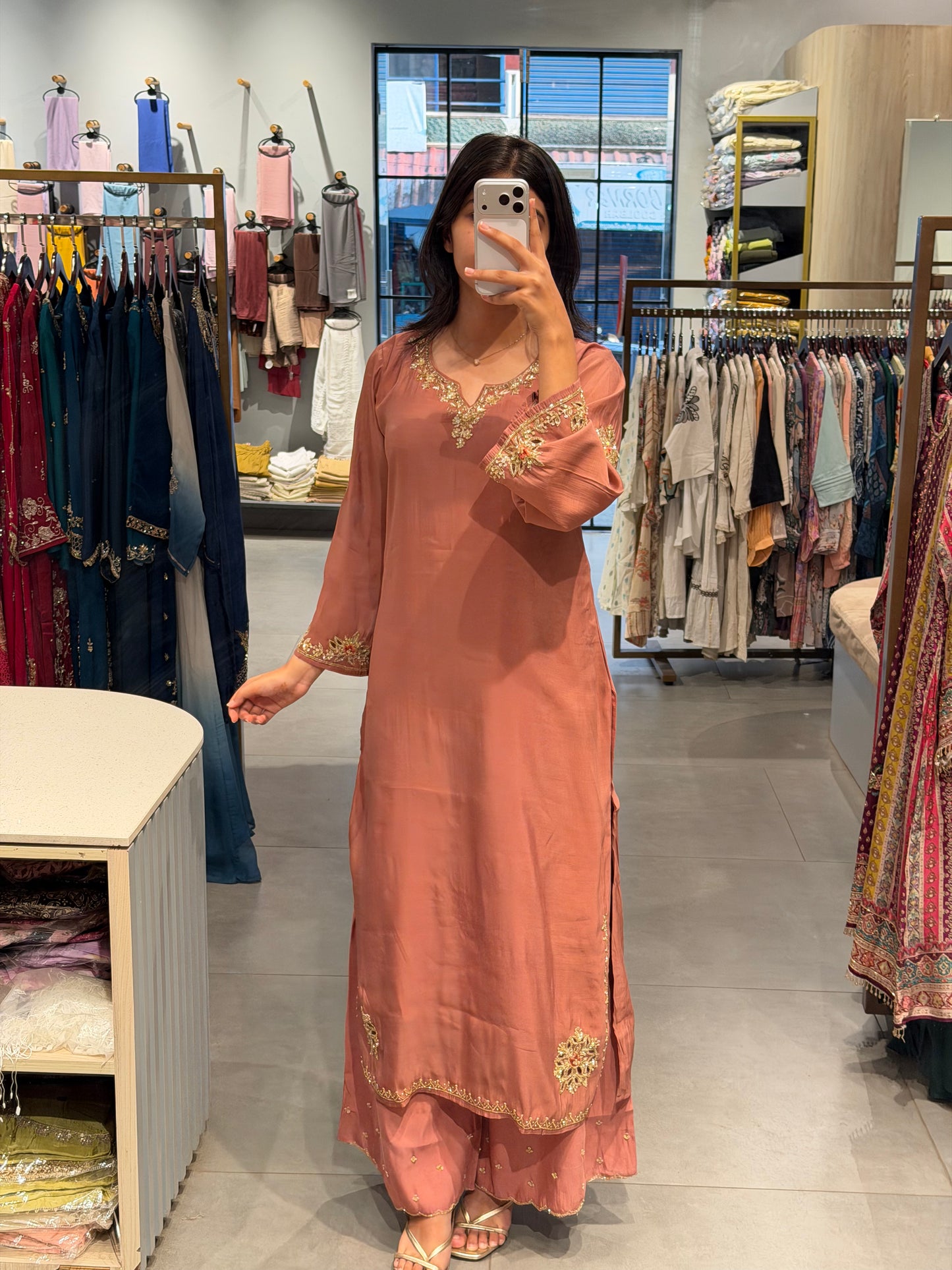 Peach Chanderi Silk Floral Embroidered Kurta Set