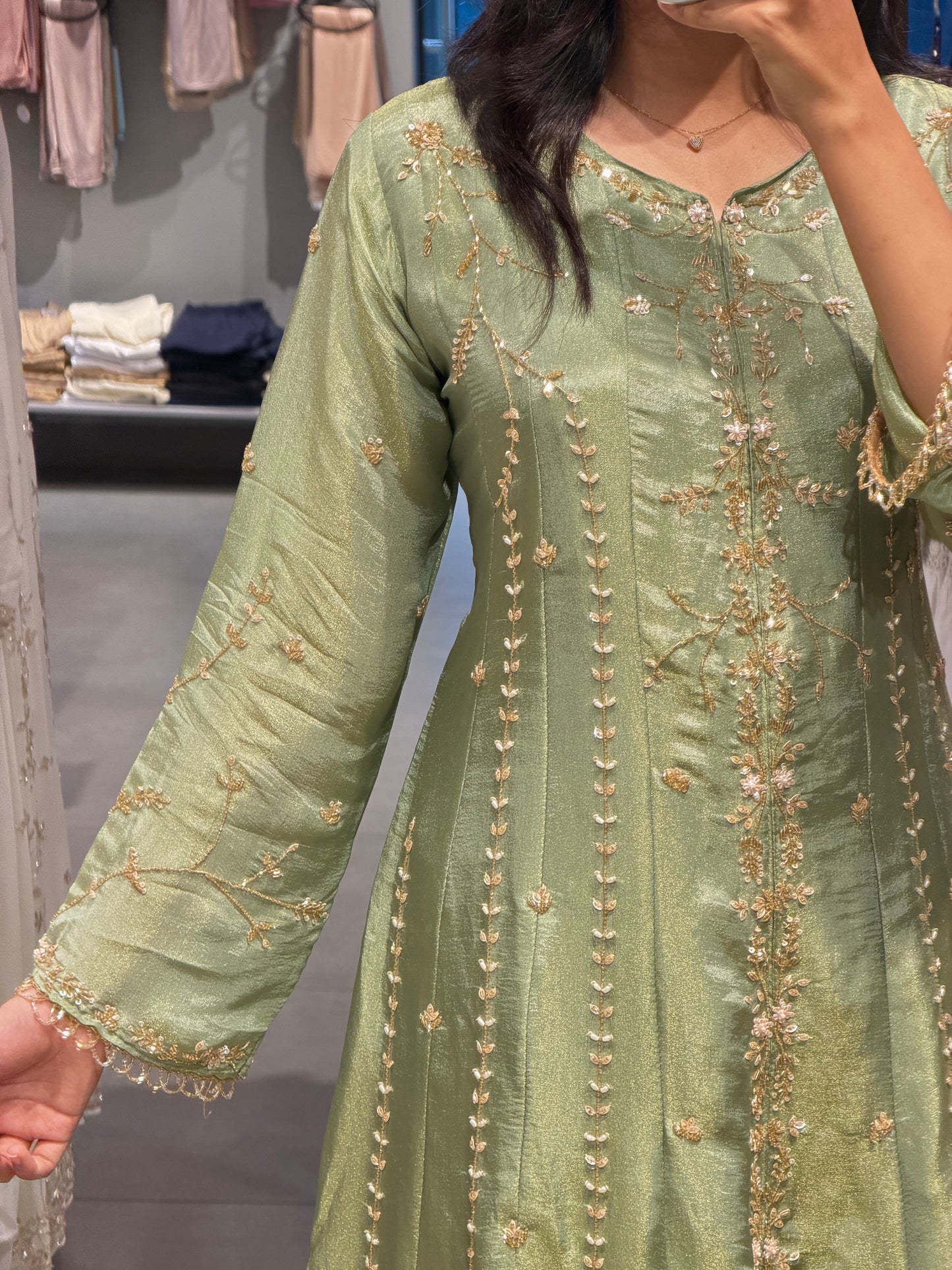 Sage Green Tissue Silk Embroidered Kurta Set