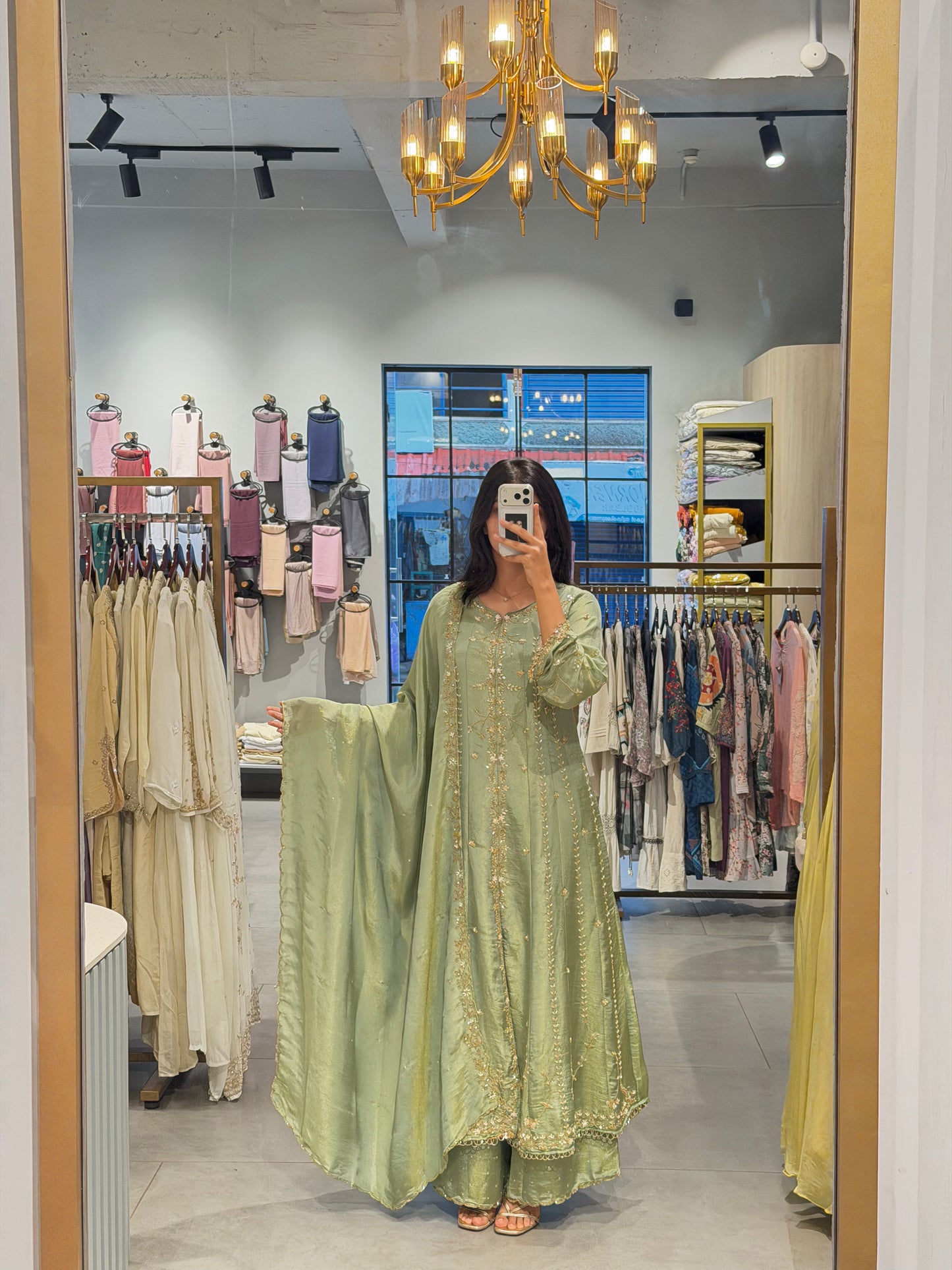 Sage Green Tissue Silk Embroidered Kurta Set