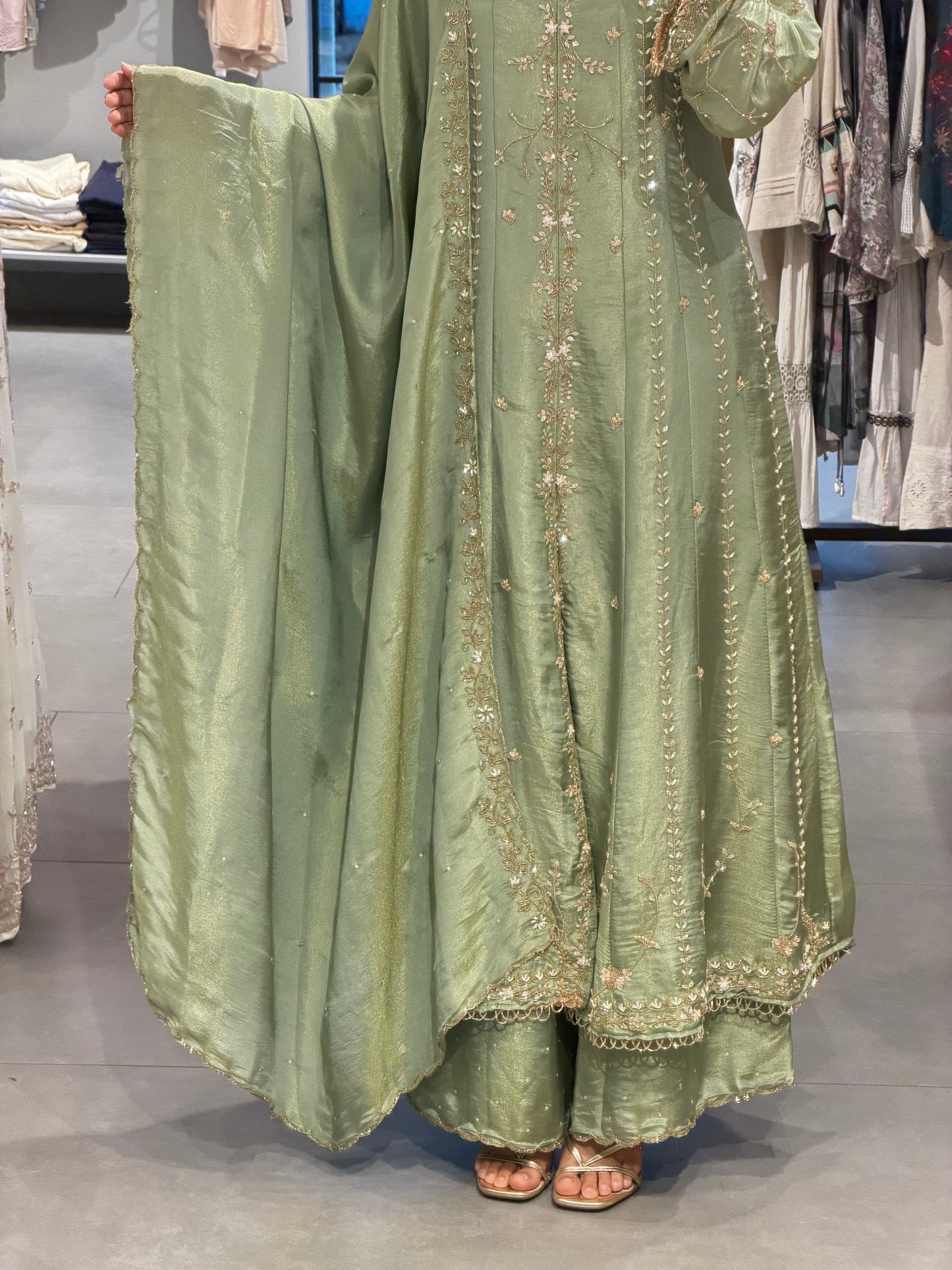 Sage Green Tissue Silk Embroidered Kurta Set