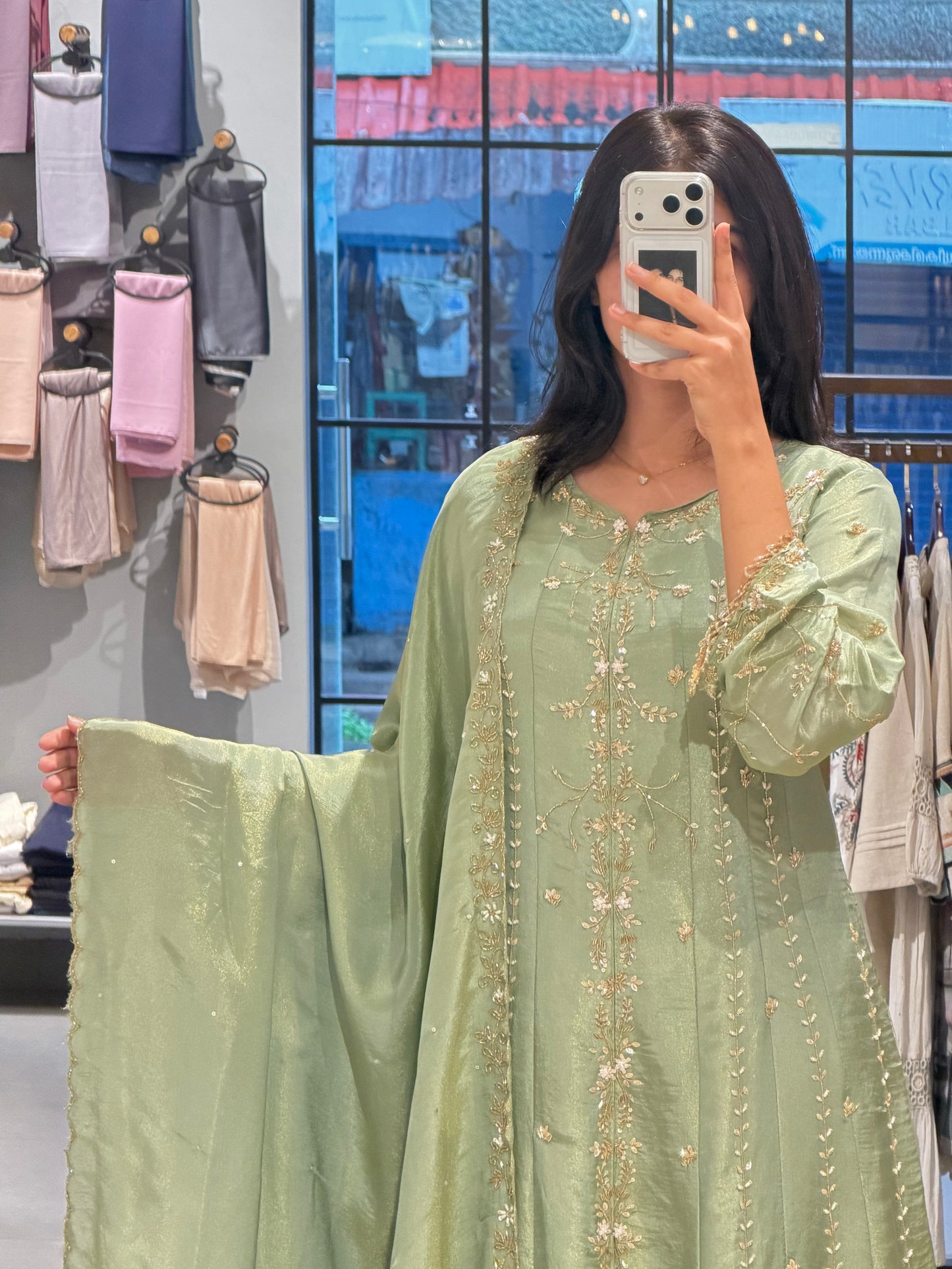 Sage Green Tissue Silk Embroidered Kurta Set