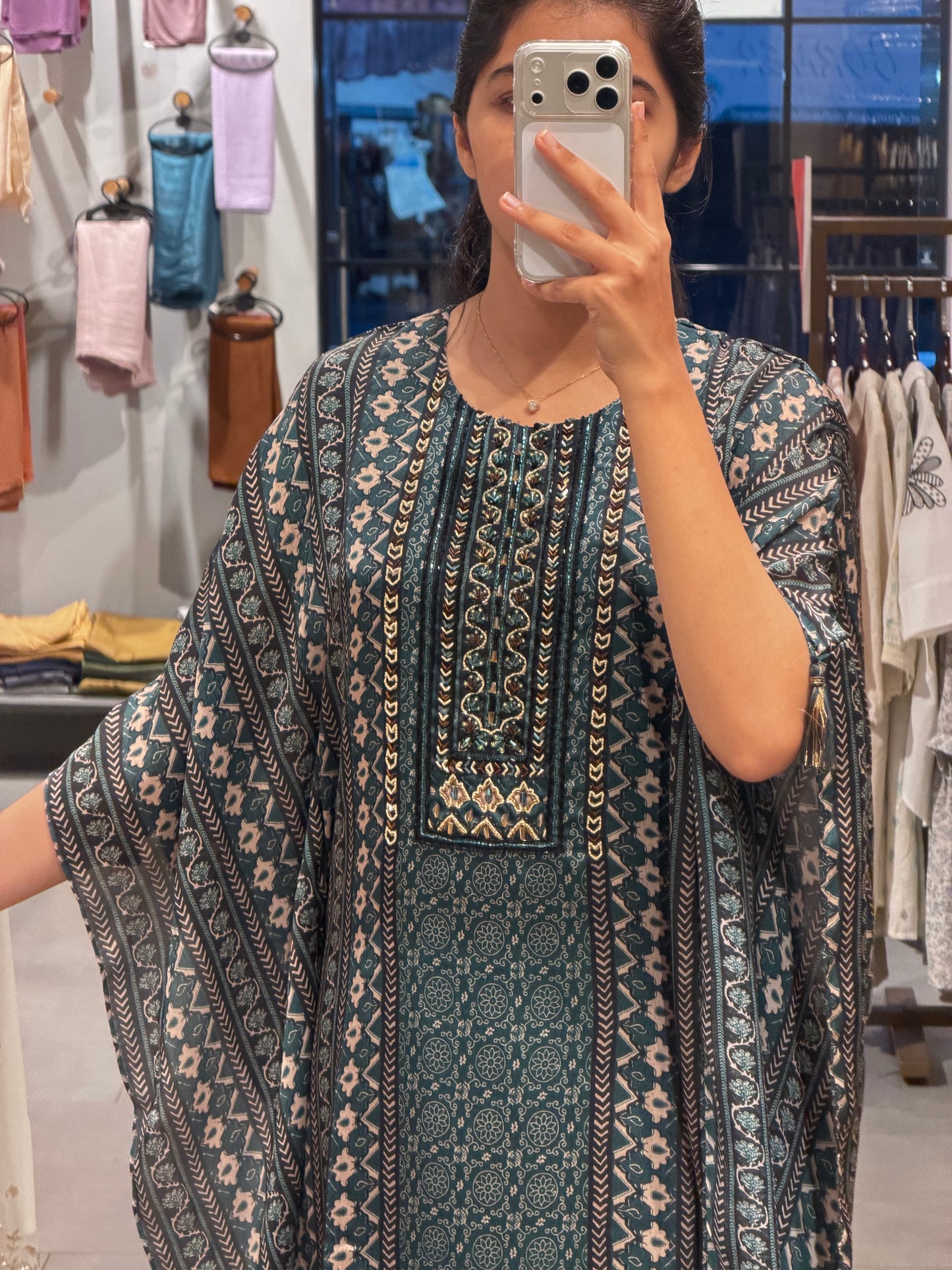 Teal Blue Printed Crepe gown