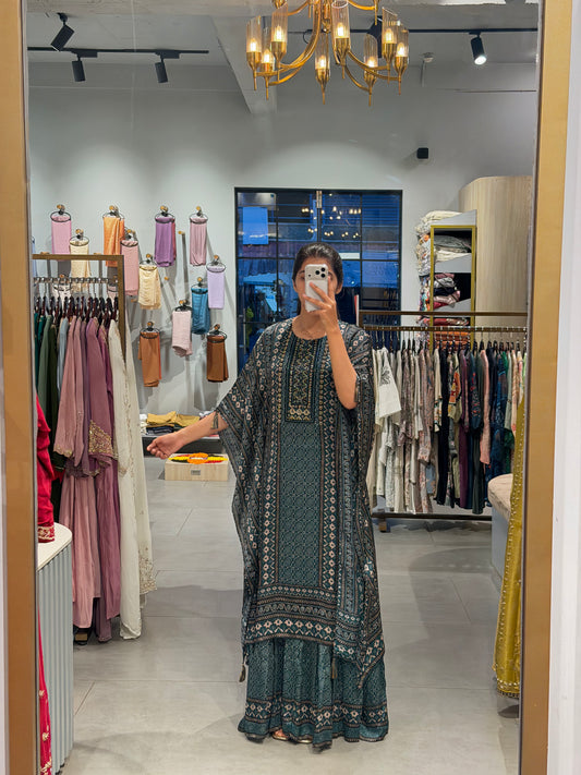 Teal Blue Printed Crepe gown