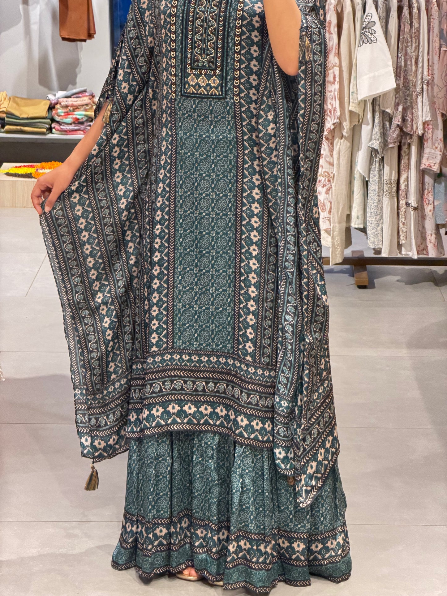Teal Blue Printed Crepe gown