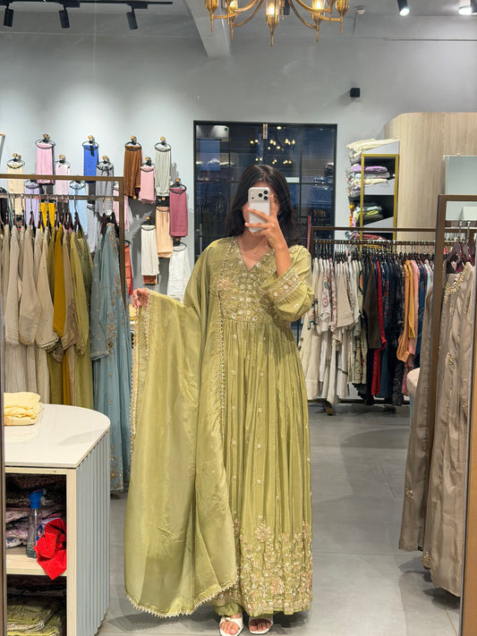 Pistal green  Uppada  Silk with Gold Detailing