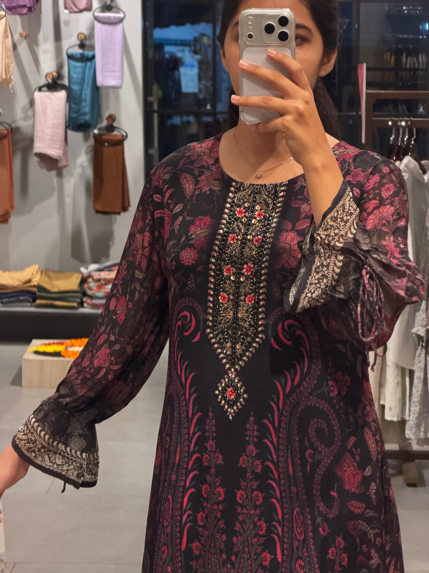Black & Pink Floral Printed Chinnon gown
